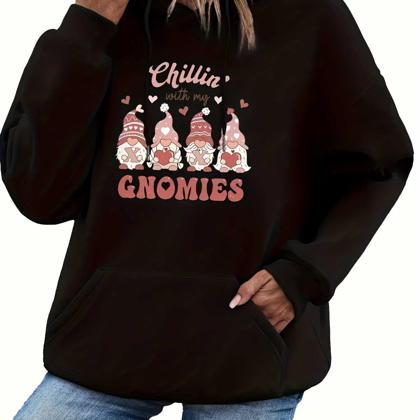 

Casual Polyester Hoodie With Christmas Gnome Graphic, Knit Fabric Drawstring Long Sleeve Sweatshirt With Hood, Festive Cartoon Pattern Hooded Pullover For All Seasons