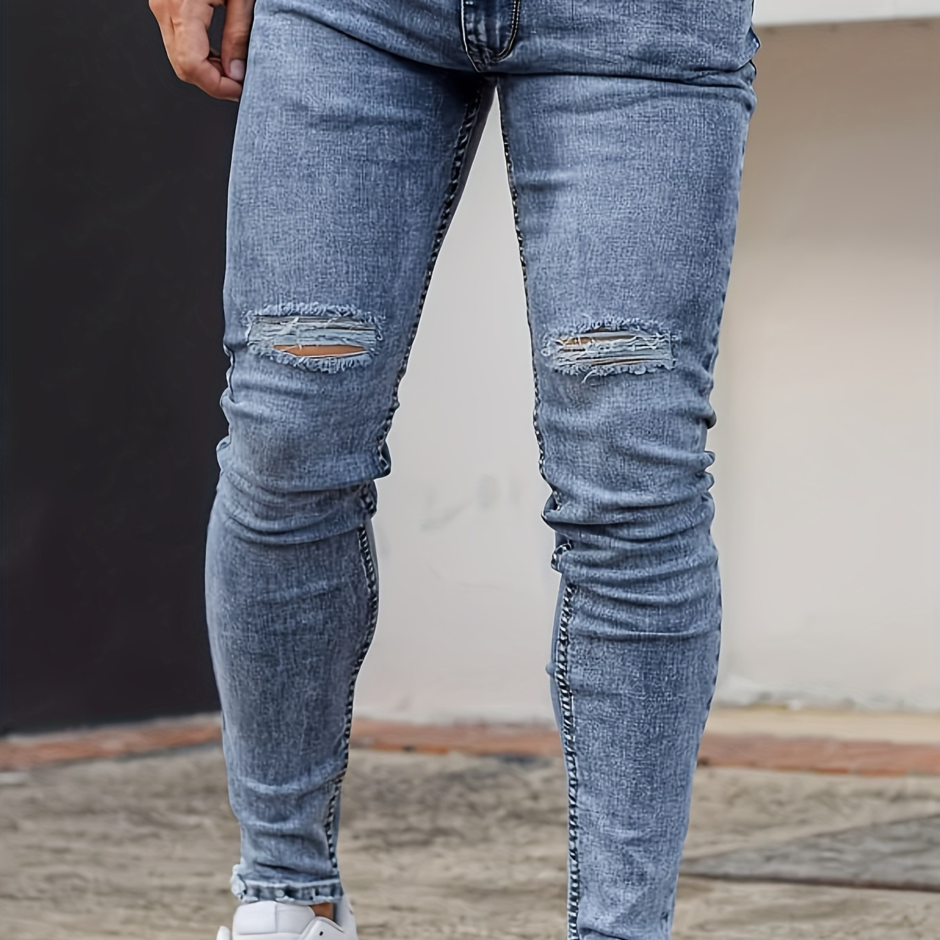 

Men's Casual Ripped Skinny Jeans, Chic Street Style Medium Stretch Denim Pants