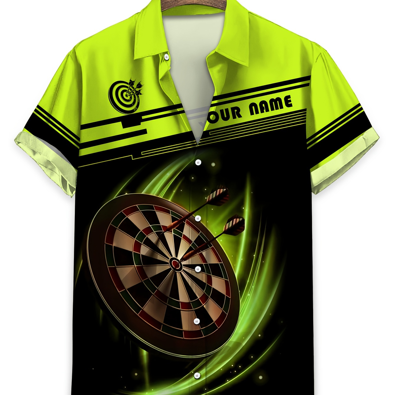 

1pc Customizable Dartboard Print Polyester Shirt - Casual Lapel Collar, Short Sleeve, Button Front, Single Breasted, Woven Fabric, Regular Fit, Shirt For Adults