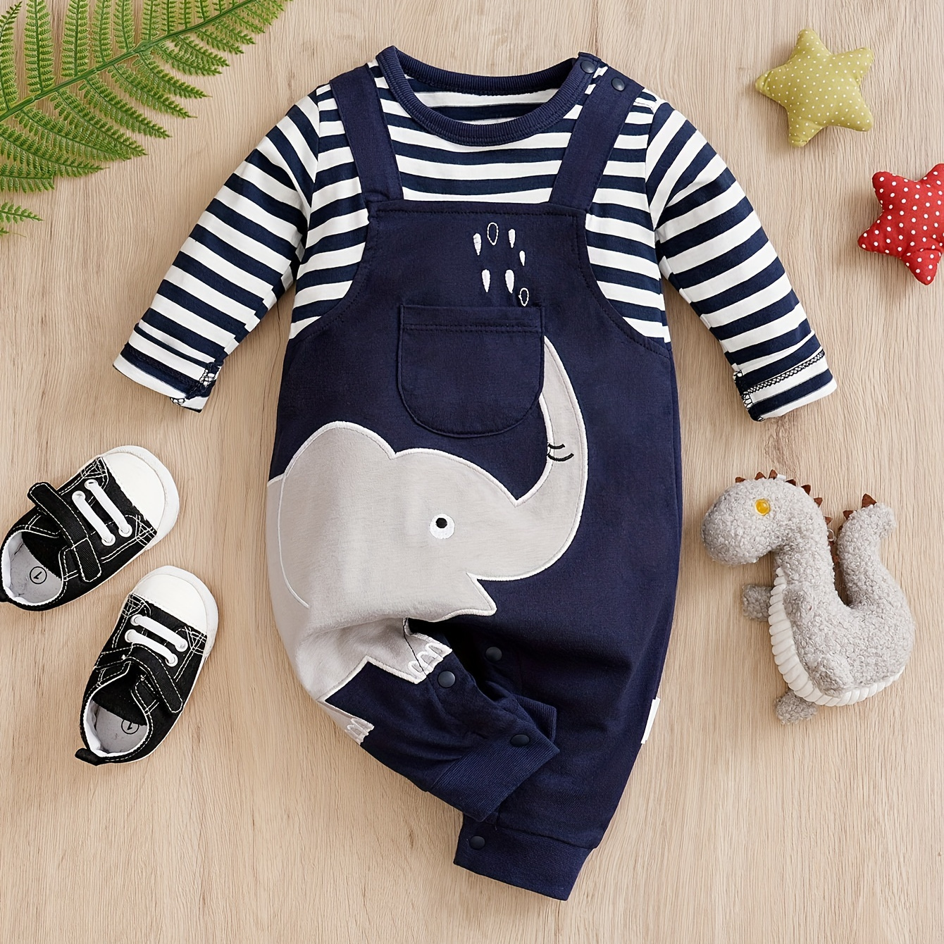 

Baby Boys Cute Elephant Print Striped Long Sleeves Romper Comfortable Breathable Casual For Spring And Autumn
