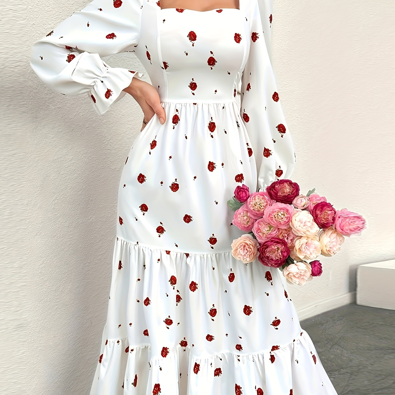 

Floral Print Ruffle Hem A-line Dress, Elegant Square Neck Long Sleeve Dress For Spring & Fall, Women's Clothing