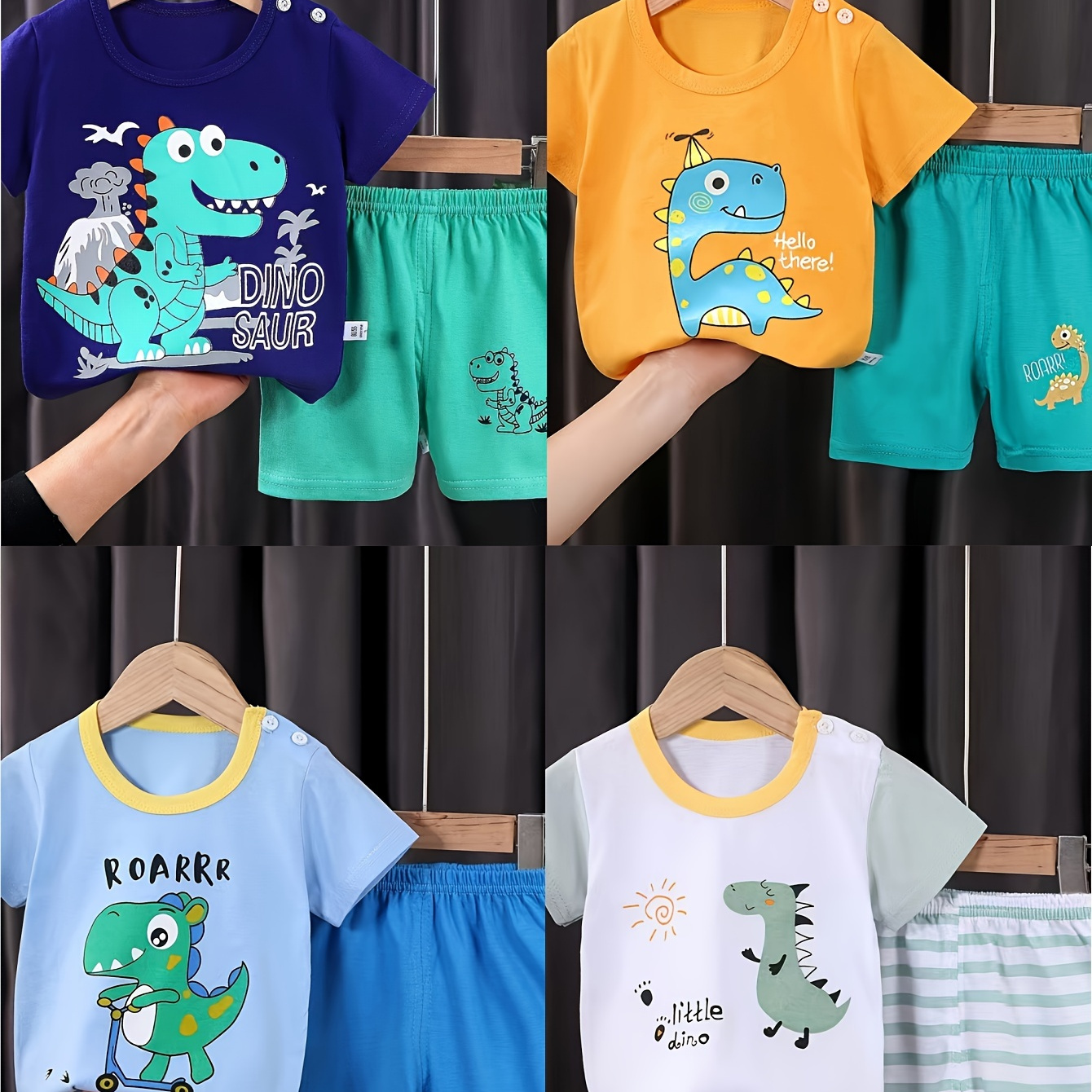 

4 Sets Children's Set Summer New Boys Pure Cotton T-shirt Set Comfortable And Cute Dinosaur Pattern Baby Short Sleeved Shorts Set