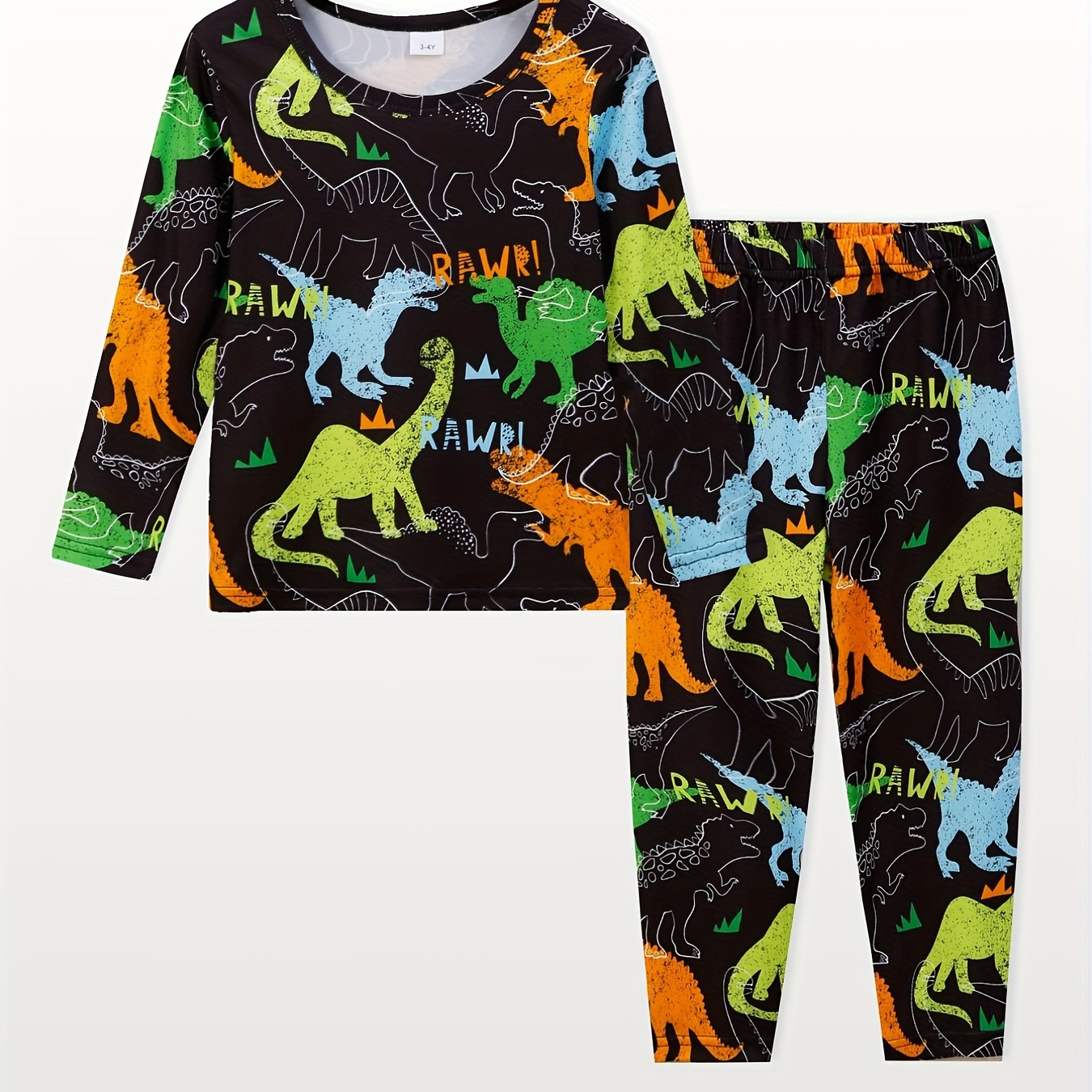 

2pcs Kid's Dinosaur Allover Print Pajamas, Long Sleeve Top & Pants Set, Comfy Pj Set, Toddler Boy's Loungewear