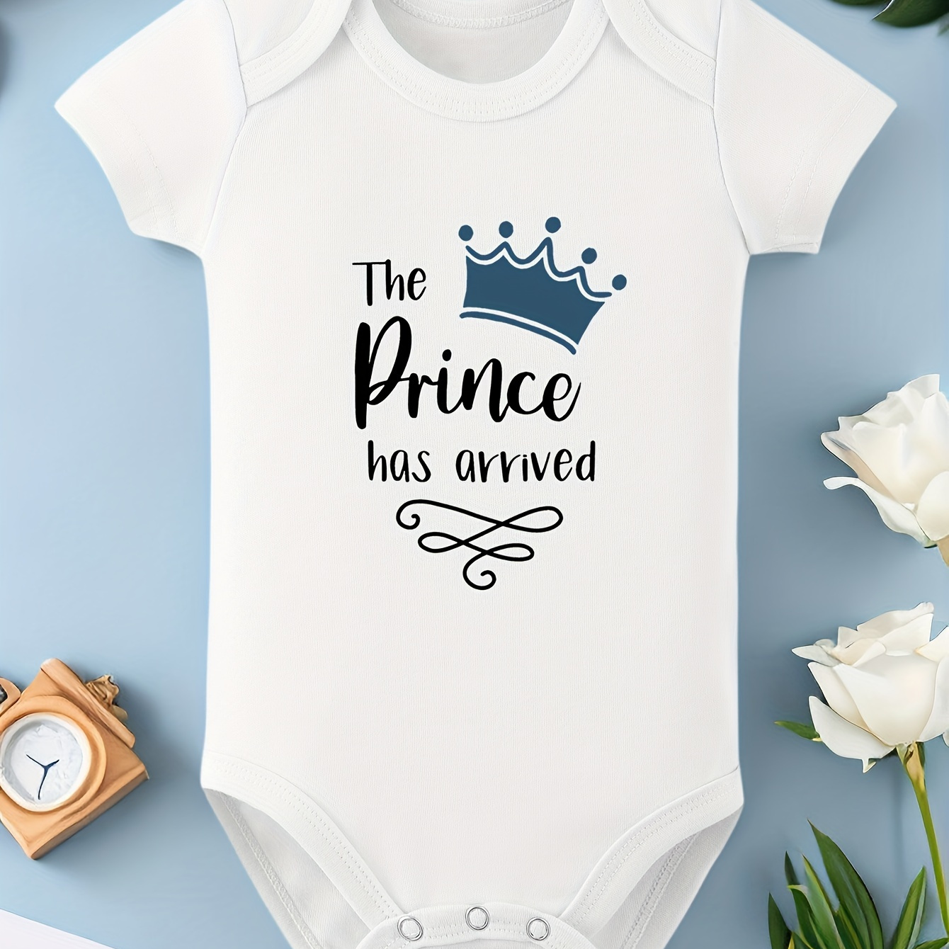 

Baby Boys' Cotton Bodysuit, "the Prince Has Arrived" Letter Print, Cotton Short Sleeve Onesie, Newborn Party Fashion, Comfortable Infant Clothing, Ideal Gift For Baby Shower