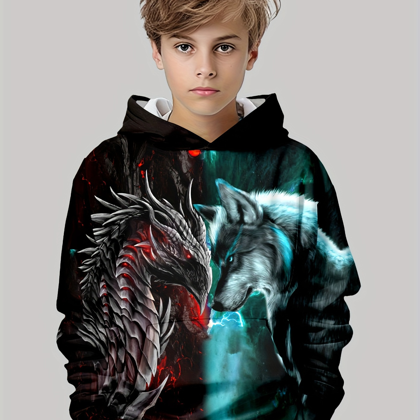 

Novelty Dragon And Wolf 3d Print Boys Long Sleeve Hoodie, Stay Stylish And Cozy Sweatshirt - Perfect Spring Fall Essential For Your Fashionista!