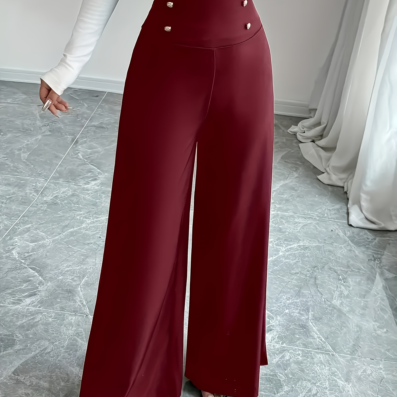 

1pc Pantalon large taille haute pour femmes, en polyester tricoté, couleur unie avec détail boutonné, coupe et extensible pour et décontractées - Polyvalent pour toutes les