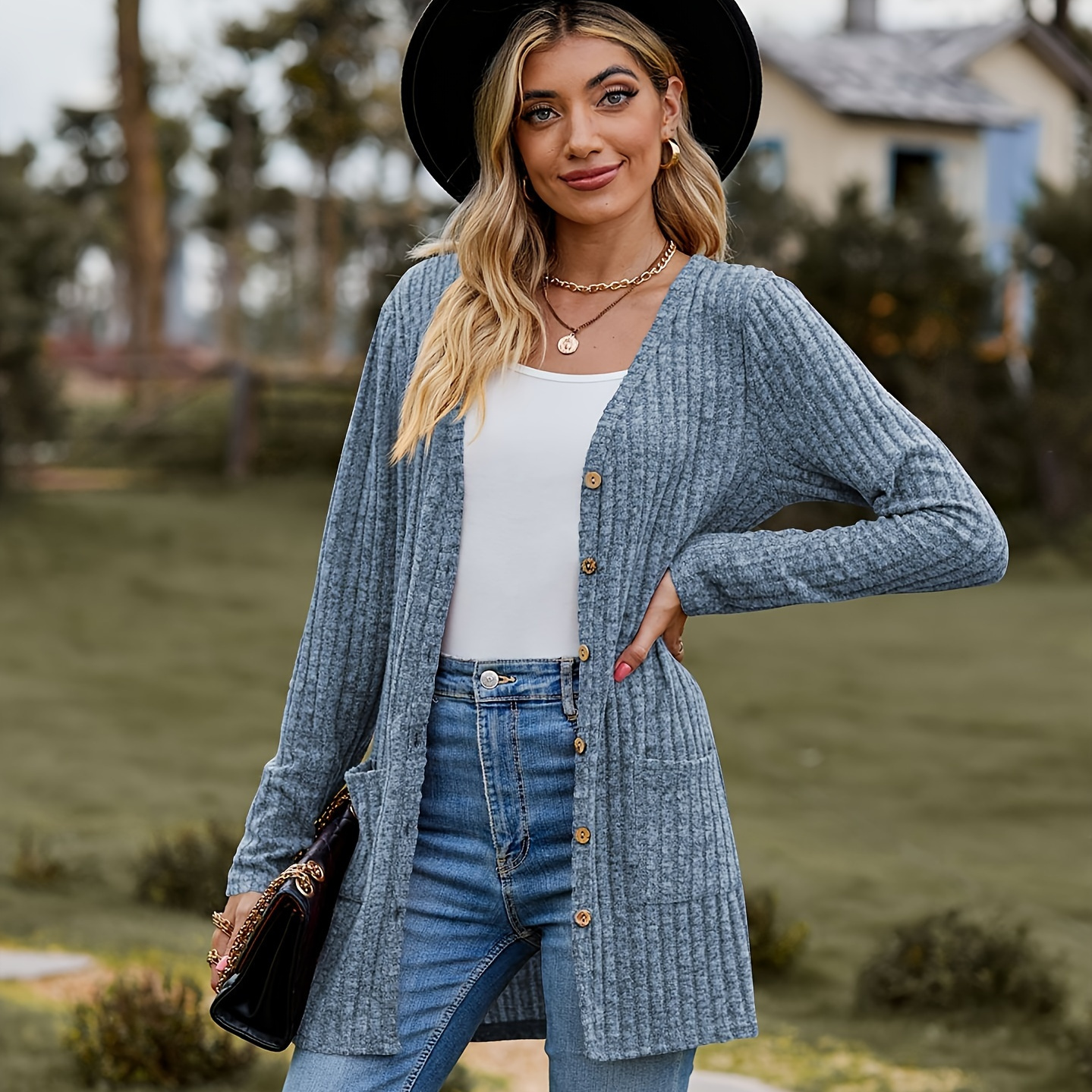 

Solid Color Button Front Cardigan, Casual Ribbed V Neck Patched Pocket Slim Long Sleeve Cardigan For Spring & Fall, Women's Clothing