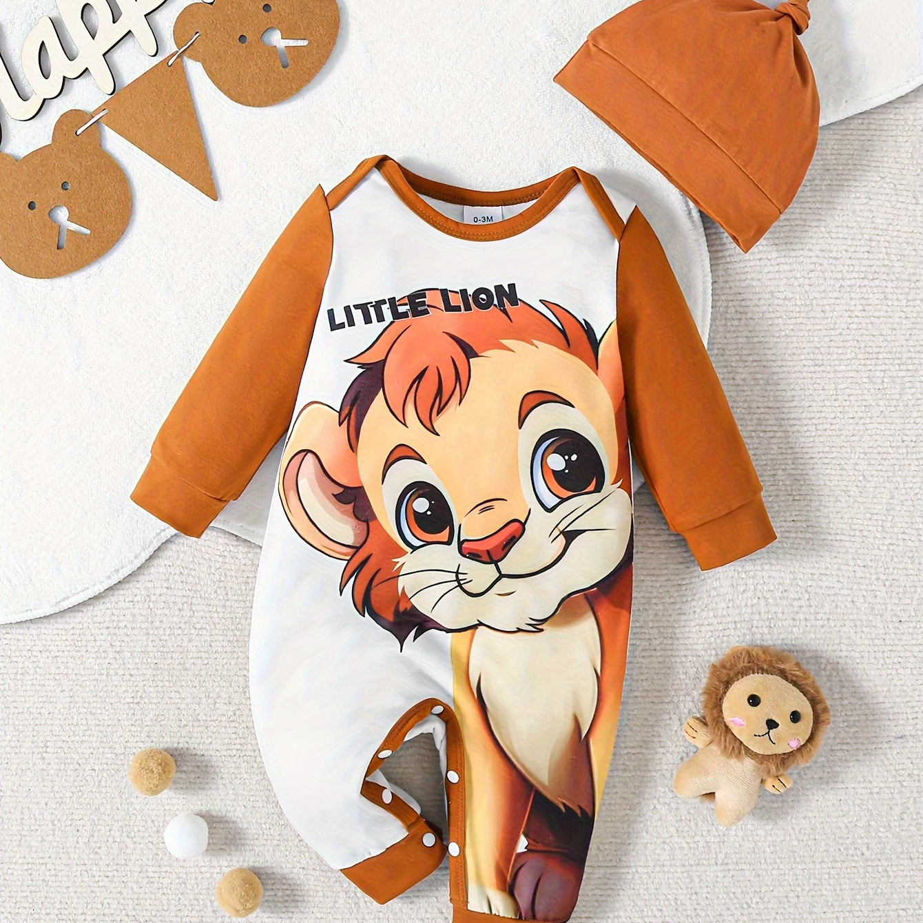 

Infant's Lovely Cartoon Lion Print Bodysuit, Comfy Long Sleeve Onesie, Baby Boy's Clothing, As Gift