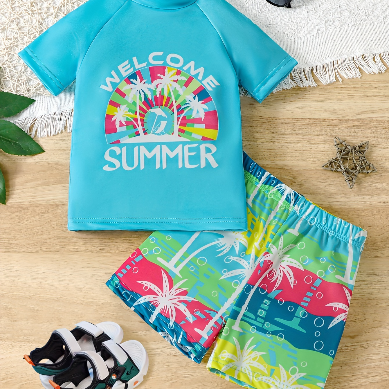

2pcs Coconut Tree And Summer Letter Pattern Swimsuit For Boys, T-shirt & Swim Trunks Set, Stretchy Surfing Suit, Boys Swimwear For Summer Beach Vacation
