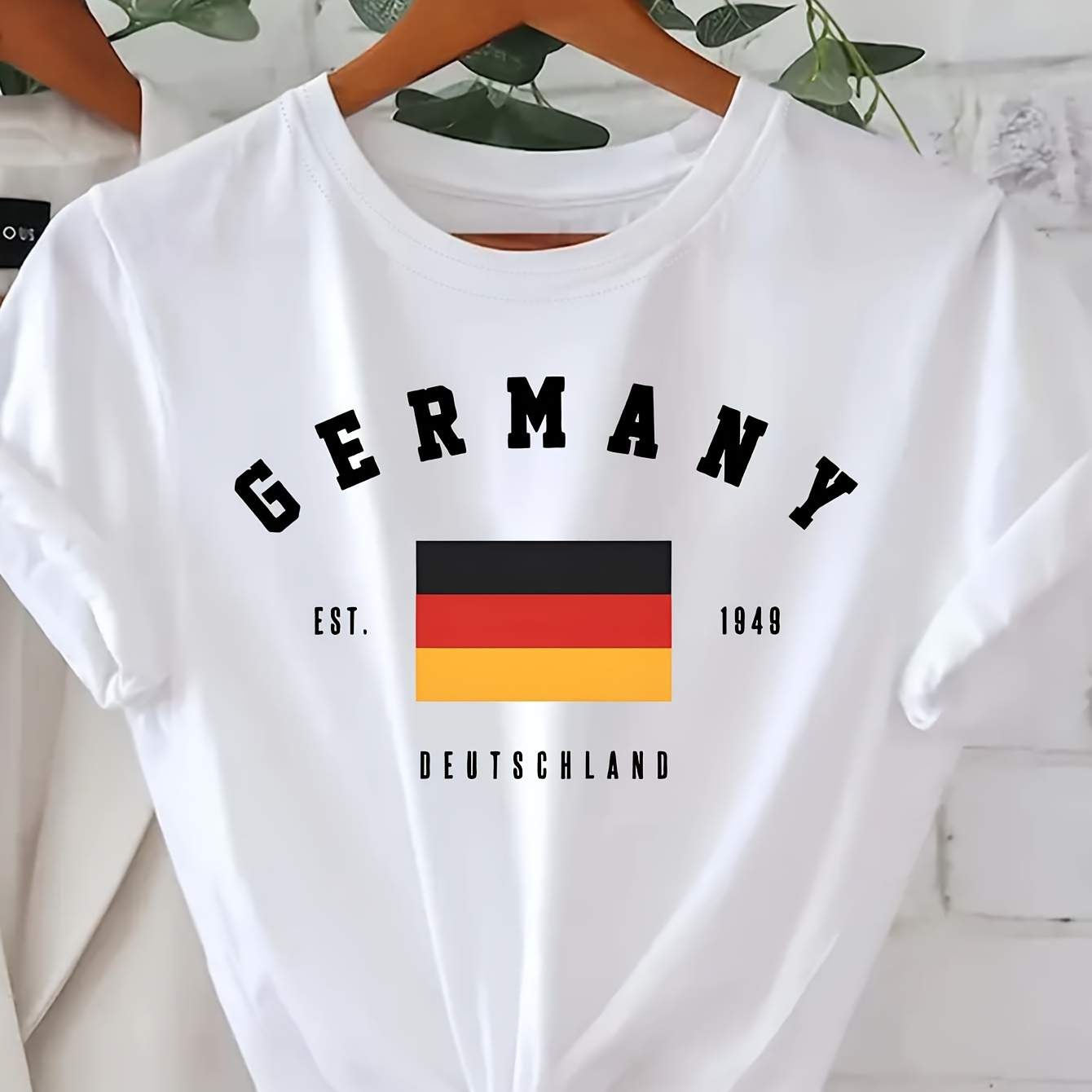 

Germany Letter Print T-shirt, Short Sleeve Crew Neck Casual Top For Summer & Spring, Women's Clothing