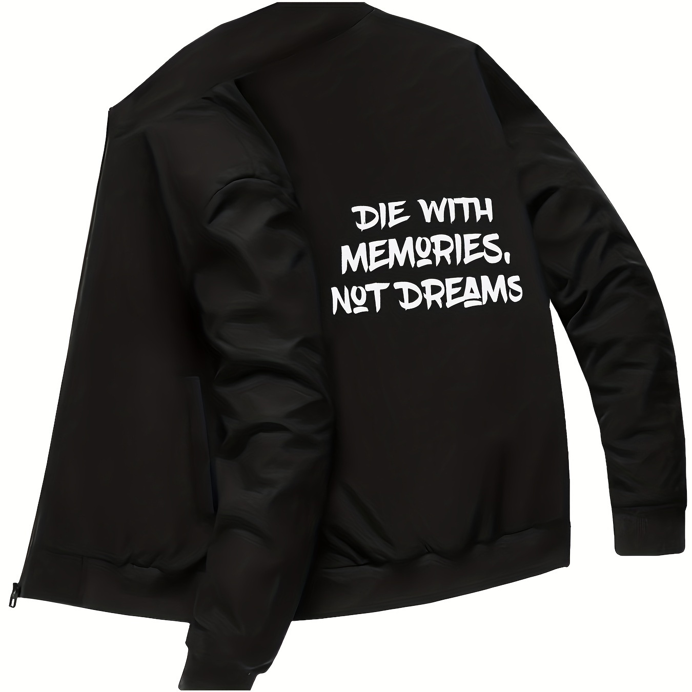 Plus Size Men's "Die With Memories Not Dreams" Graphic Print Band Collar Jacket For Spring/autumn, Men's Clothing