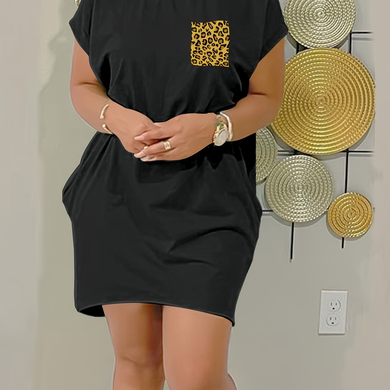 

Dipped Hem Leopard Pocket Dress, Casual Crew Neck Short Sleeve Dress, Women's Clothing