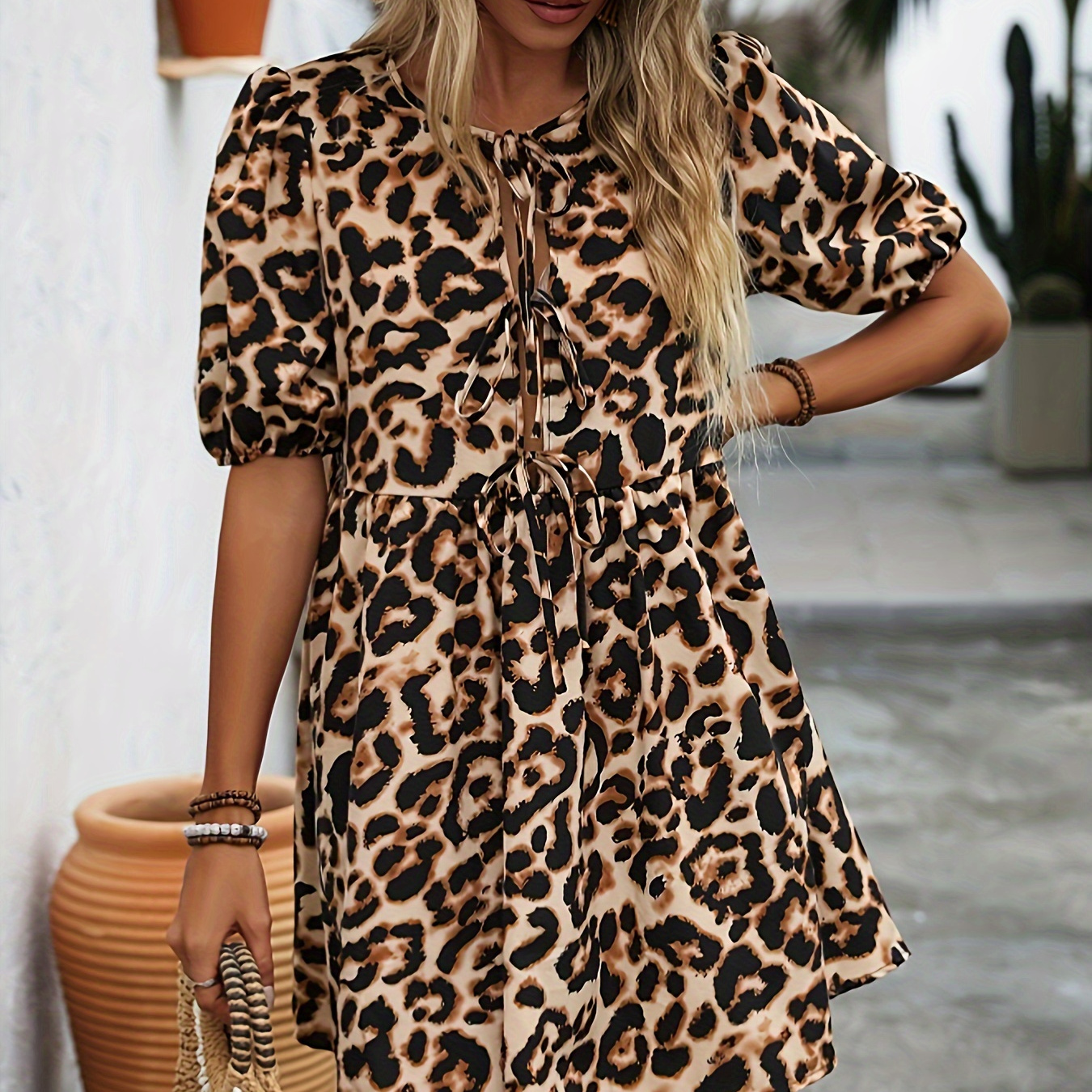 

Leopard Print Lace Up Dress, Casual Short Sleeve Trapeze Dress For Spring & Summer, Women's Clothing