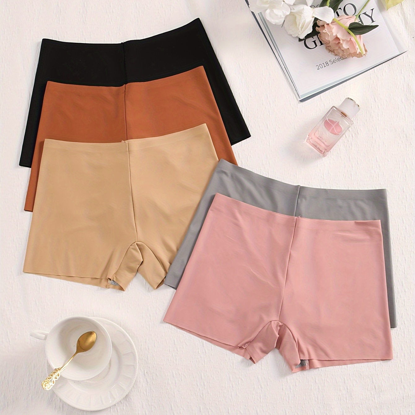 TEMU 5pcs Solid Seamless Boyshorts, Elegant Comfy Breathable Stretchy Intimates Panties, Women's Lingerie & Underwear