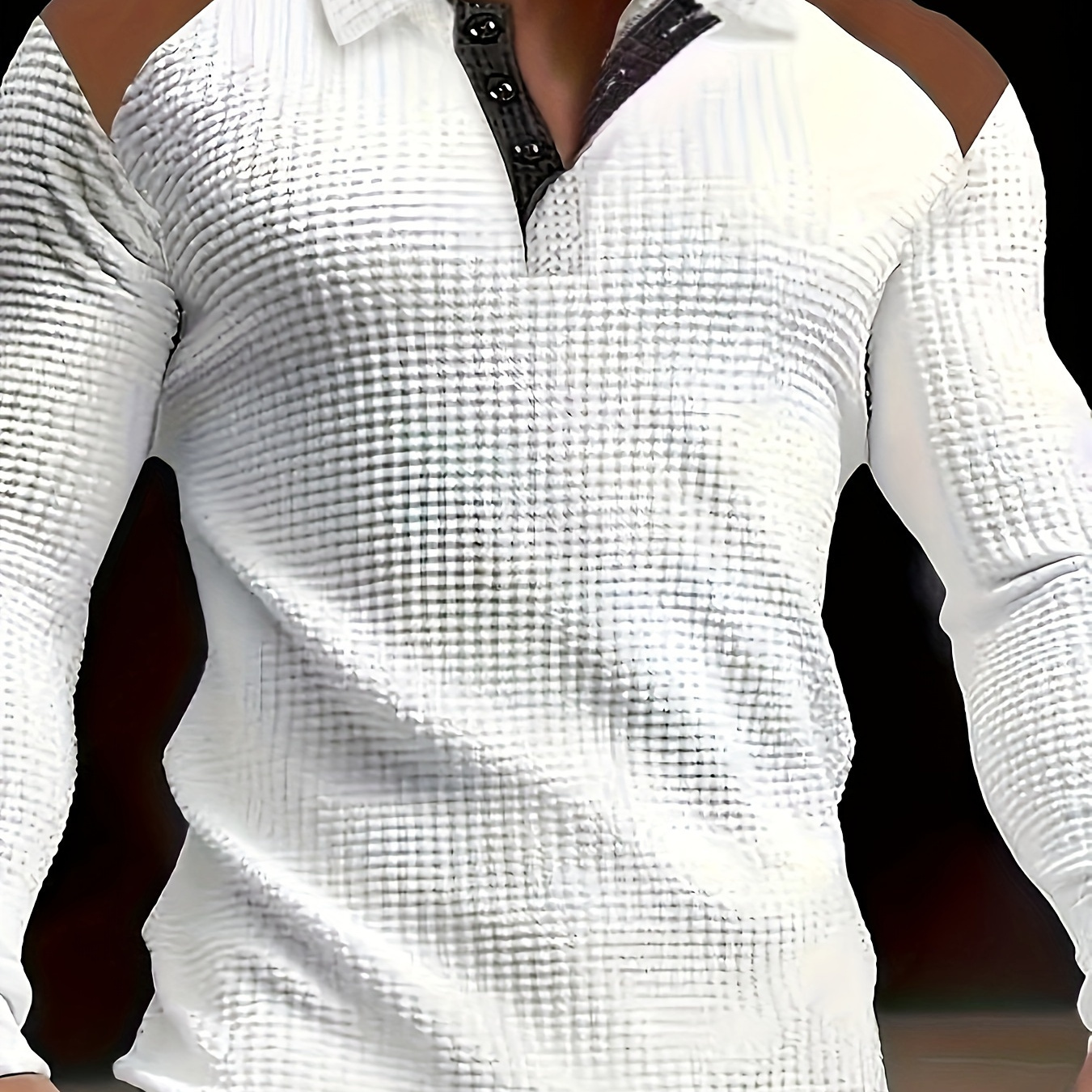 

Men's Textured Waffle Knit Casual Polo-style Shirt With Color Panels, Long Sleeves, Lapel Collar, Spring/fall, 100% Polyester, Button Detail, Pullover , Regular Fit - 220 G/m²