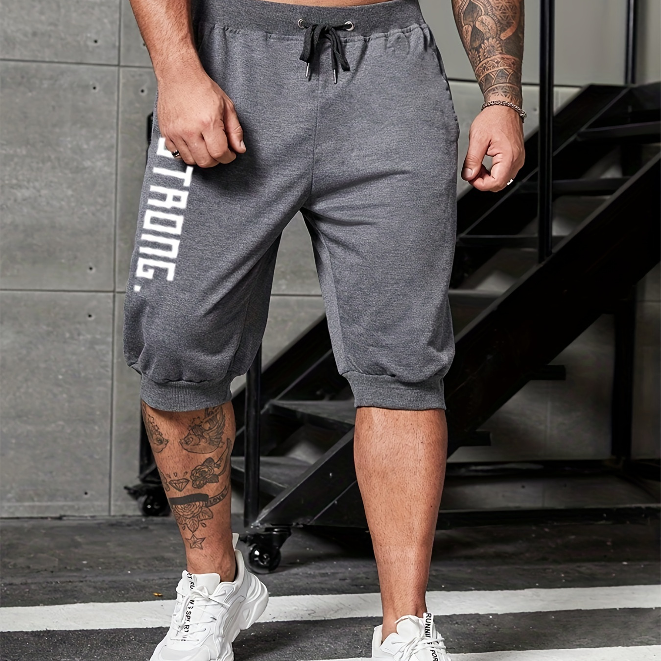 Men's Casual Letters Print Elastic Drawstring Plain Color Sports Short Pants, Oversized Shorts Plus Size