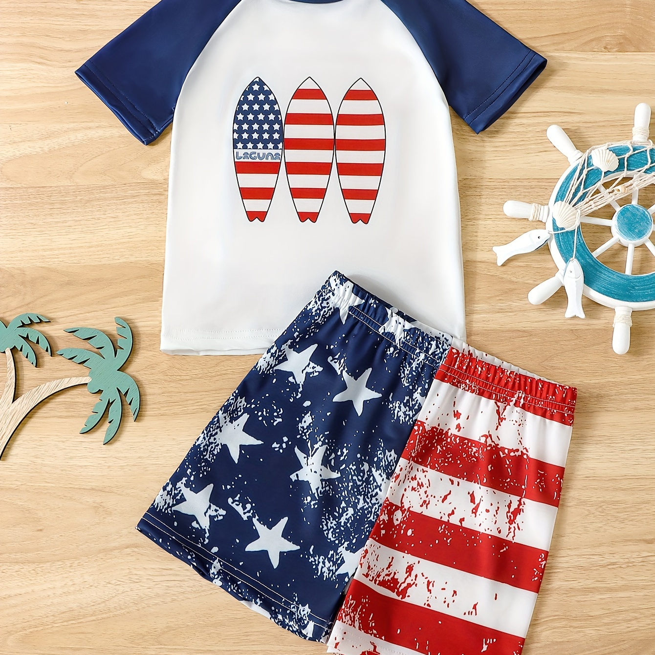 

2pcs Independence Day Surf Board Pattern Swimsuit For Boys, T-shirt & Swim Trunks Set, Stretchy Surfing Suit, Boys Swimwear For Summer Beach Vacation