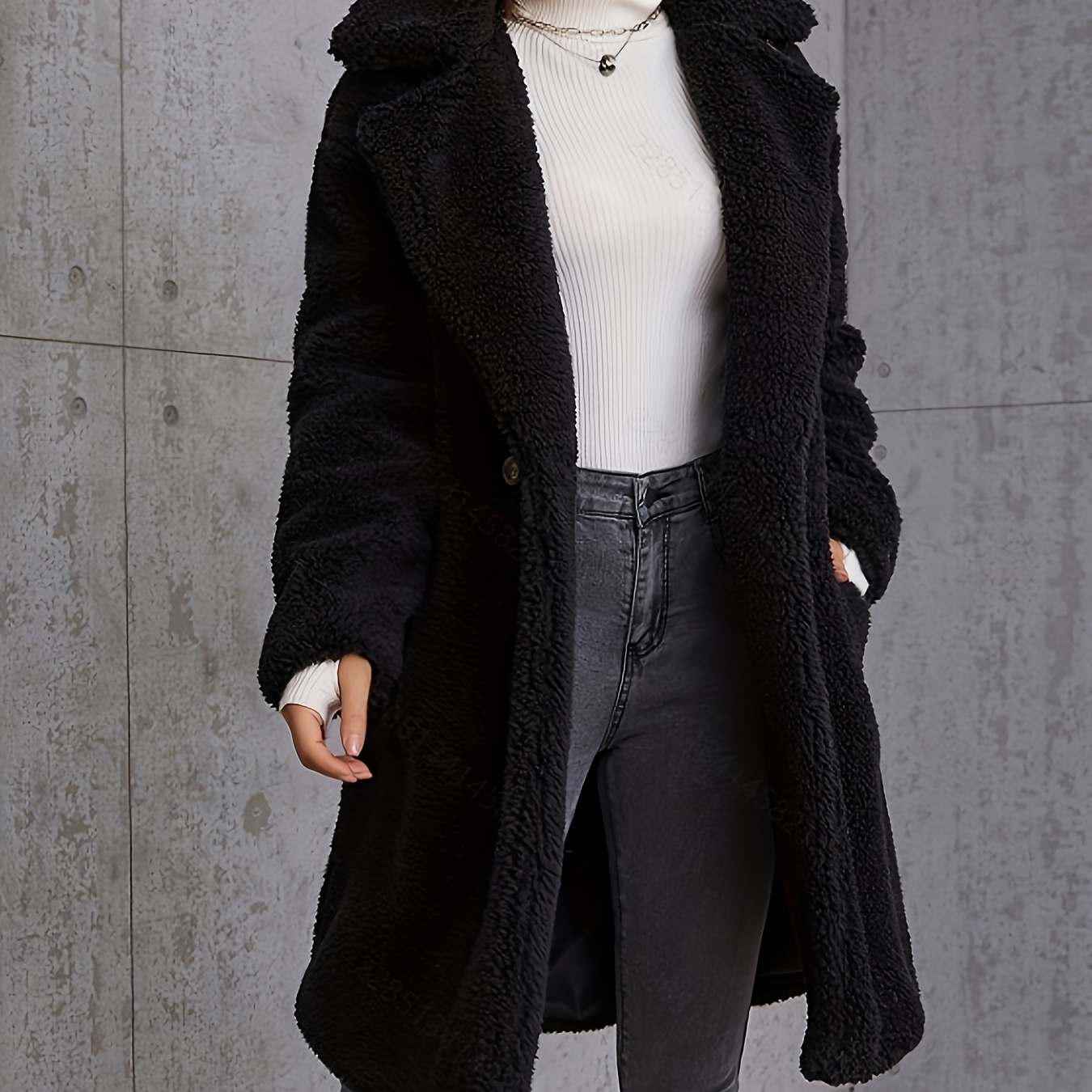 

Chic Women's Faux Fur Coat, Polyester, Solid Color, Knit Fabric, With Button Detail, For Fall/winter Warm Outerwear