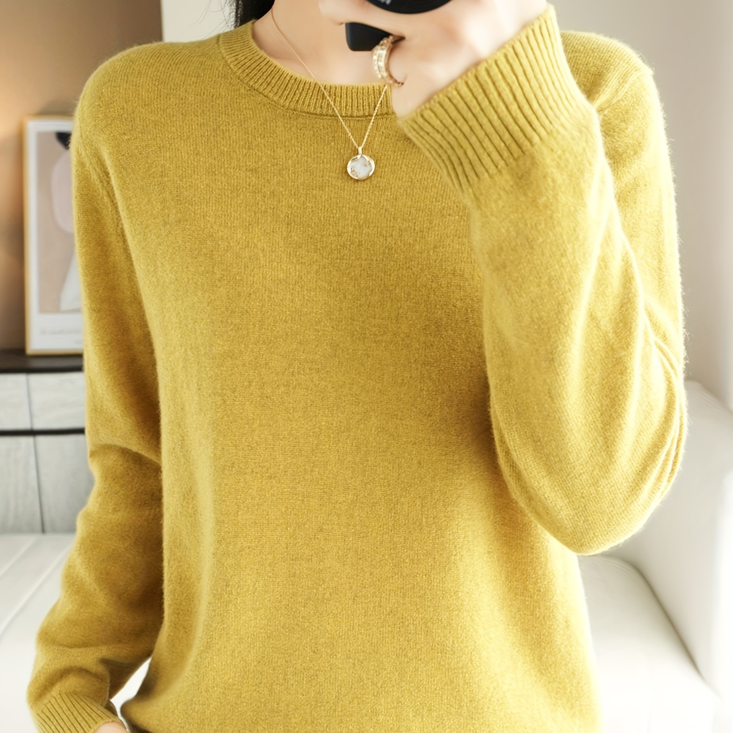 

Elegant Solid Color Long Sleeve Sweater For Women - Polyester Knit Fabric, Round Neck, Fashionable Inner Layer For Fall/winter