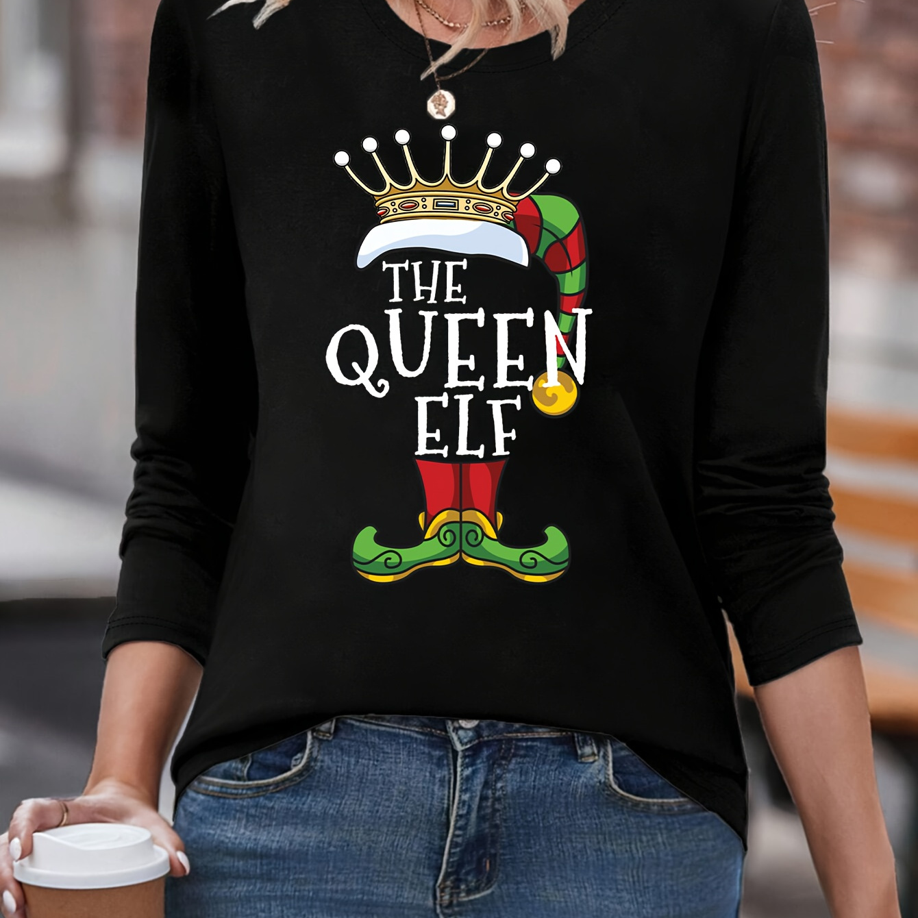 

Women's Long Sleeve Queen Elf Crown Christmas Casual T-shirt, 100% Cotton Knit Fabric, Crew Neck, Regular Fit Top For All Seasons