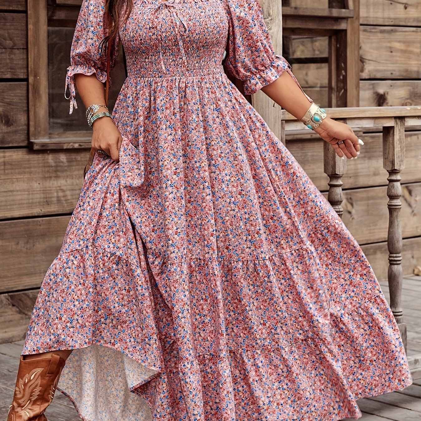TEMU Plus Size, Style Floral Neck Lantern Sleeve Slim Fit Patchwork Casual Dress Yz199