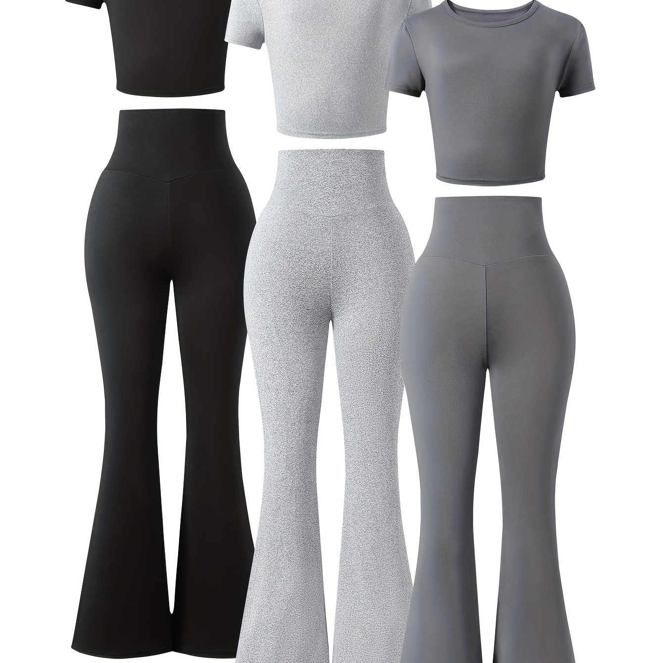3 Sets of Combination Suits for Girls, Teenagers, Fashion, Casual Sports, Outerwear, Solid Color Round Neck Short-Sleeved Tops & Black Slim Trousers Two-Piece Suit, for Outdoor
