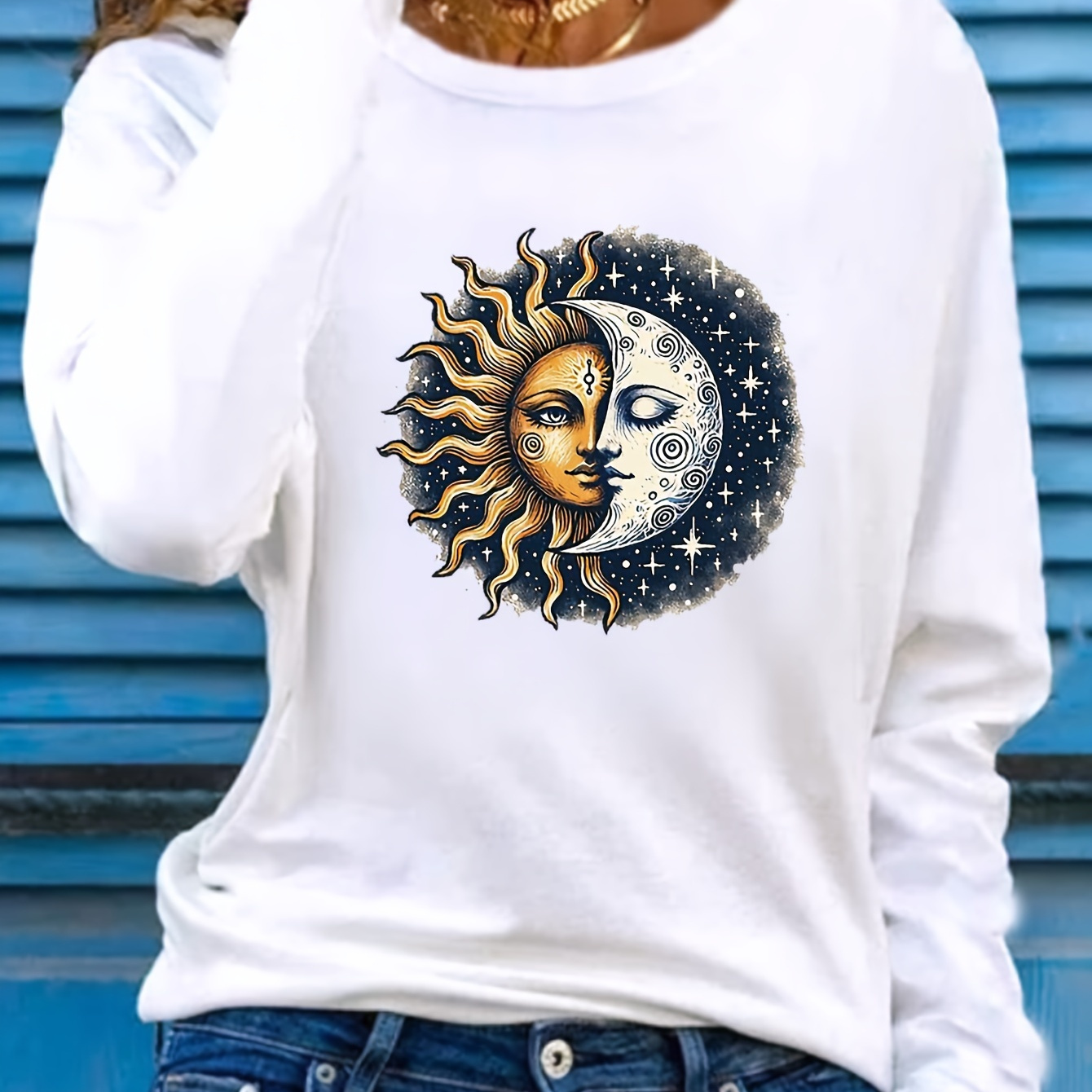 

Women's Graphic Tee - Cozy Long Sleeve, Crew Neck, 100% Polyester Casual Top, Machine Washable - Blue