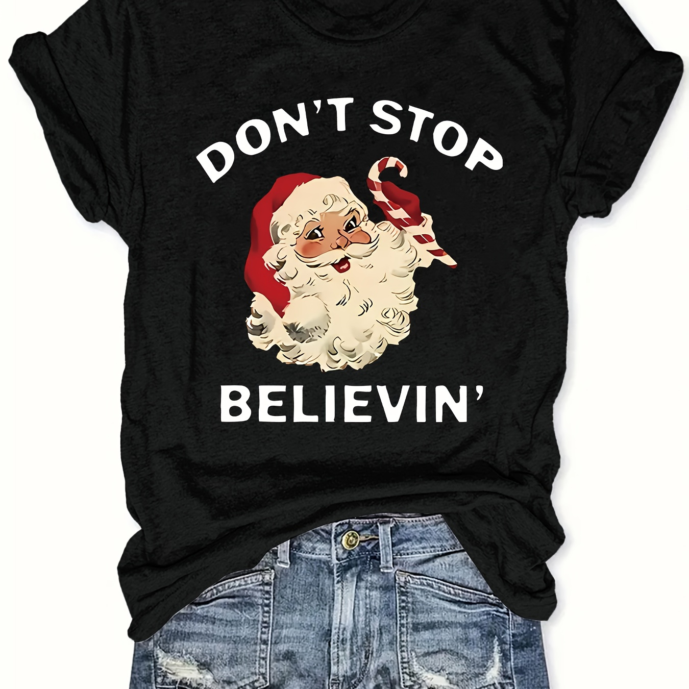 

Don't Stop Believin' Santa Graphic Tee Shirt For Women - Casual Crew Neck 100% Polyester Knit Fabric T-shirt With Cartoon Print - Versatile All-season Top