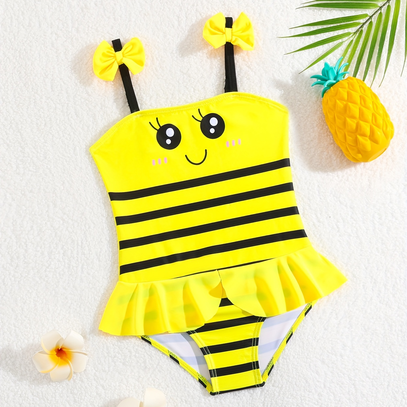 

Baby's Cute Bee Pattern One-piece Swimsuit, Bowknot Decor Bathing Suit, Toddler Girl's Swimwear For Summer Beach Holiday