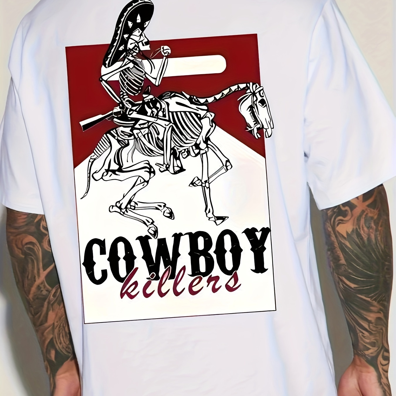 

Men's Pure Cotton Crew Neck T-shirt, Skeleton Cowboy On Skeleton Horse Pattern And Cowboy Print Summer Top For Casual Wear