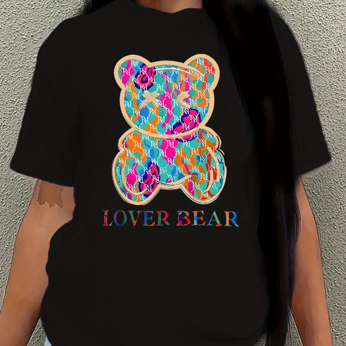 

Bear & Letter Print Crew Neck T-shirt, Casual Short Sleeve T-shirt For Spring & Summer, Women's Clothing