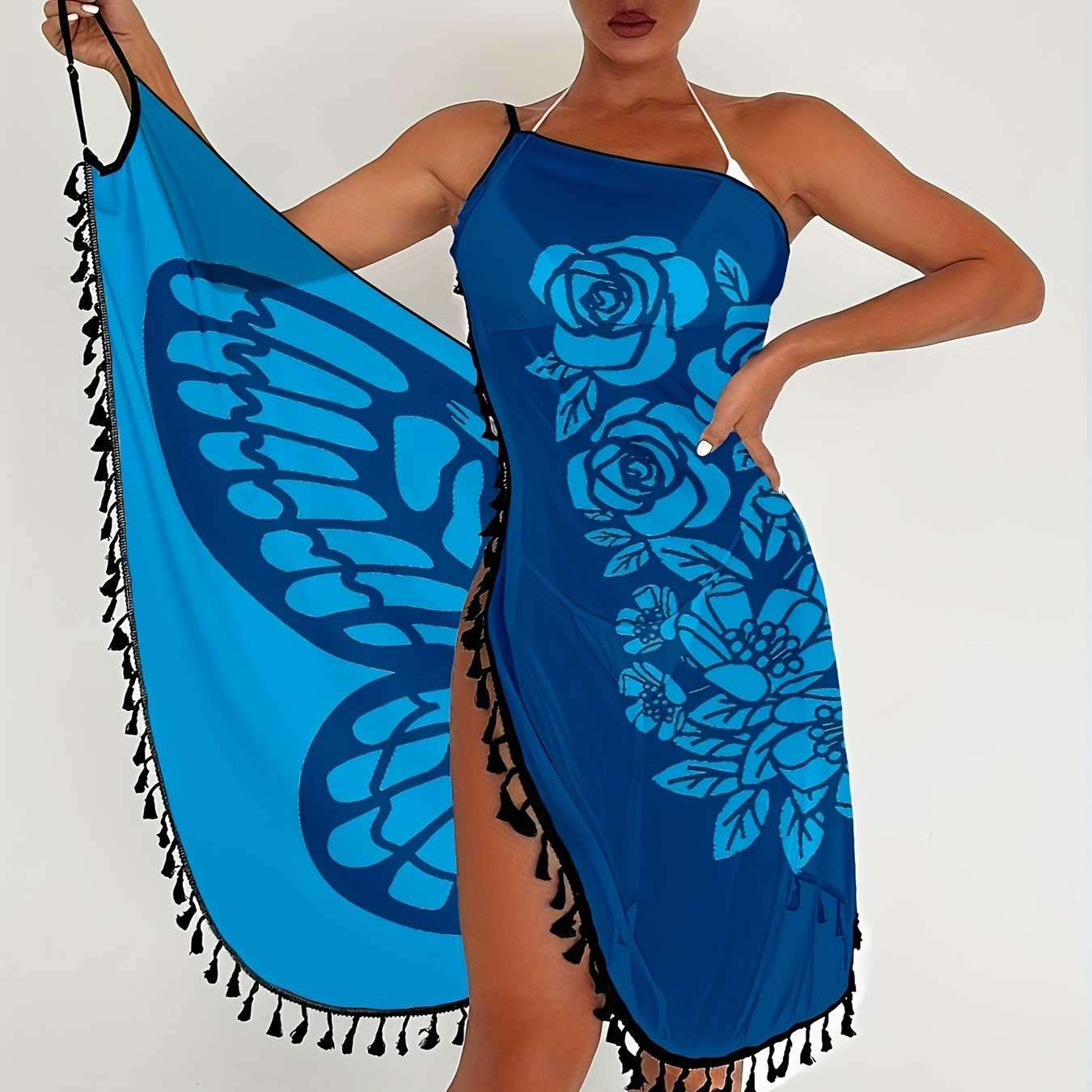 

Color Block Butterfly Floral Print Tassel Trim Spaghetti Strap Cover Up Dress Without Bikini, Women's Swimwear & Clothing