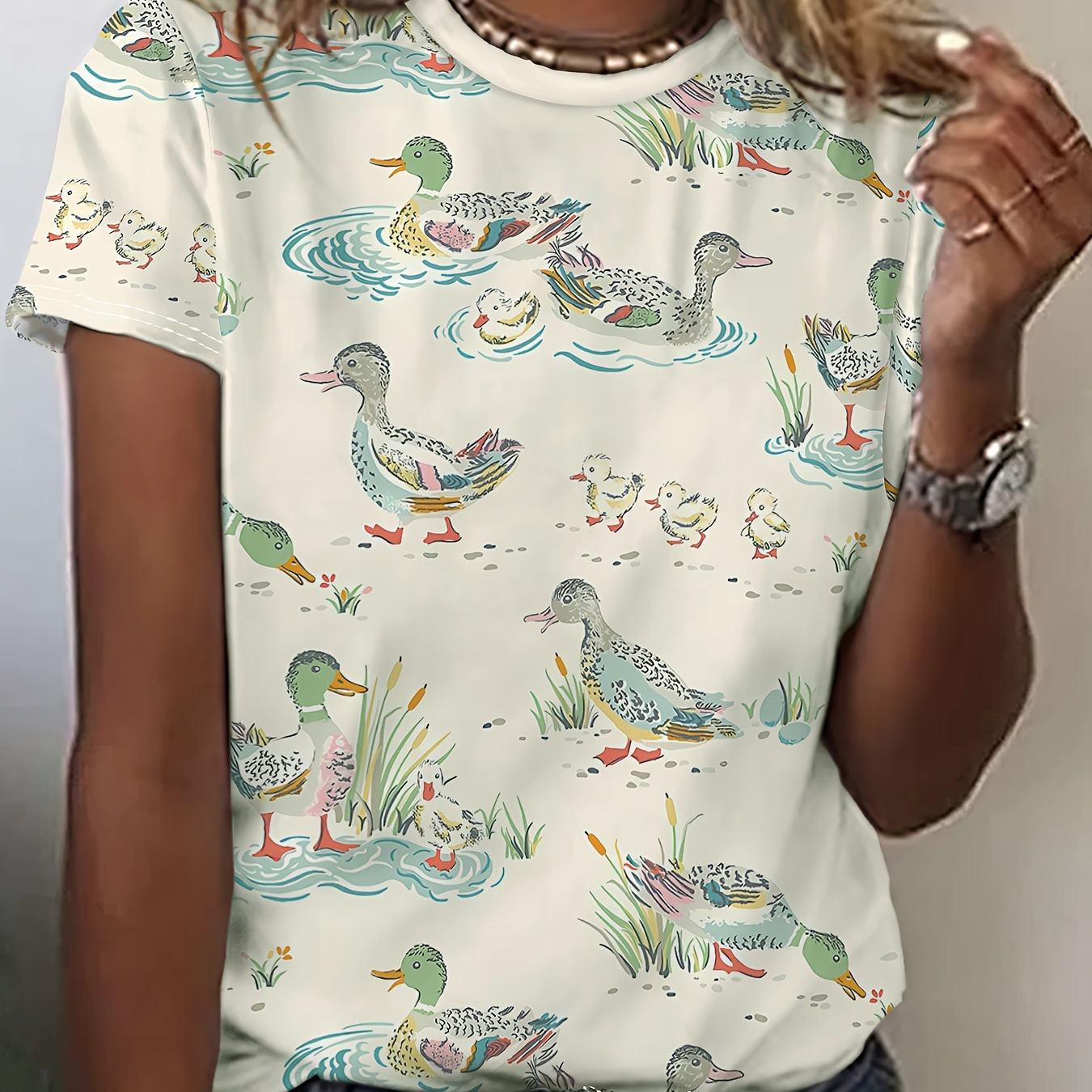 

Duck Print Women's T-shirt - , Short Sleeve, Round Neck, 100% Polyester, Machine Washable, Summer Tee With Vibrant Cartoon Ducks And Watercolor , Duck T Shirt