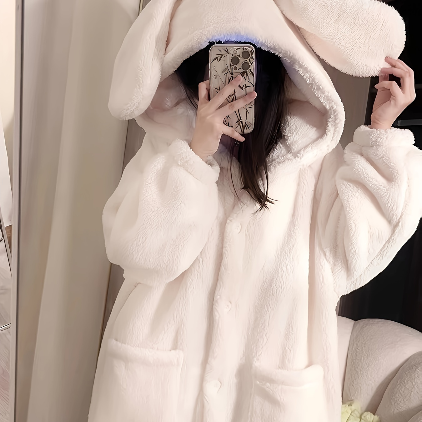 

Cute Bunny Fleece Thickened Lounge Robe For Fall & Winter, Long Sleeve Hooded Buttons Robe With Pockets, Women's Loungewear & Dresses