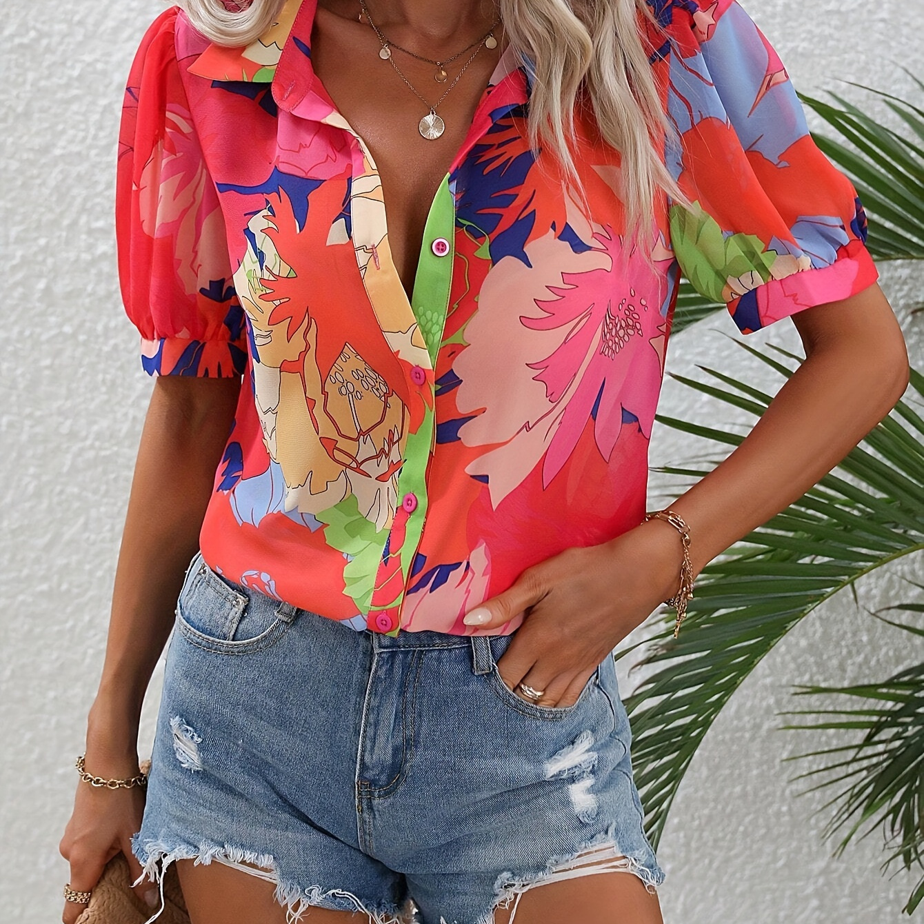 

Floral Print Button Front Shirt, Elegant Short Sleeve Top For Spring & Summer, Women's Clothing
