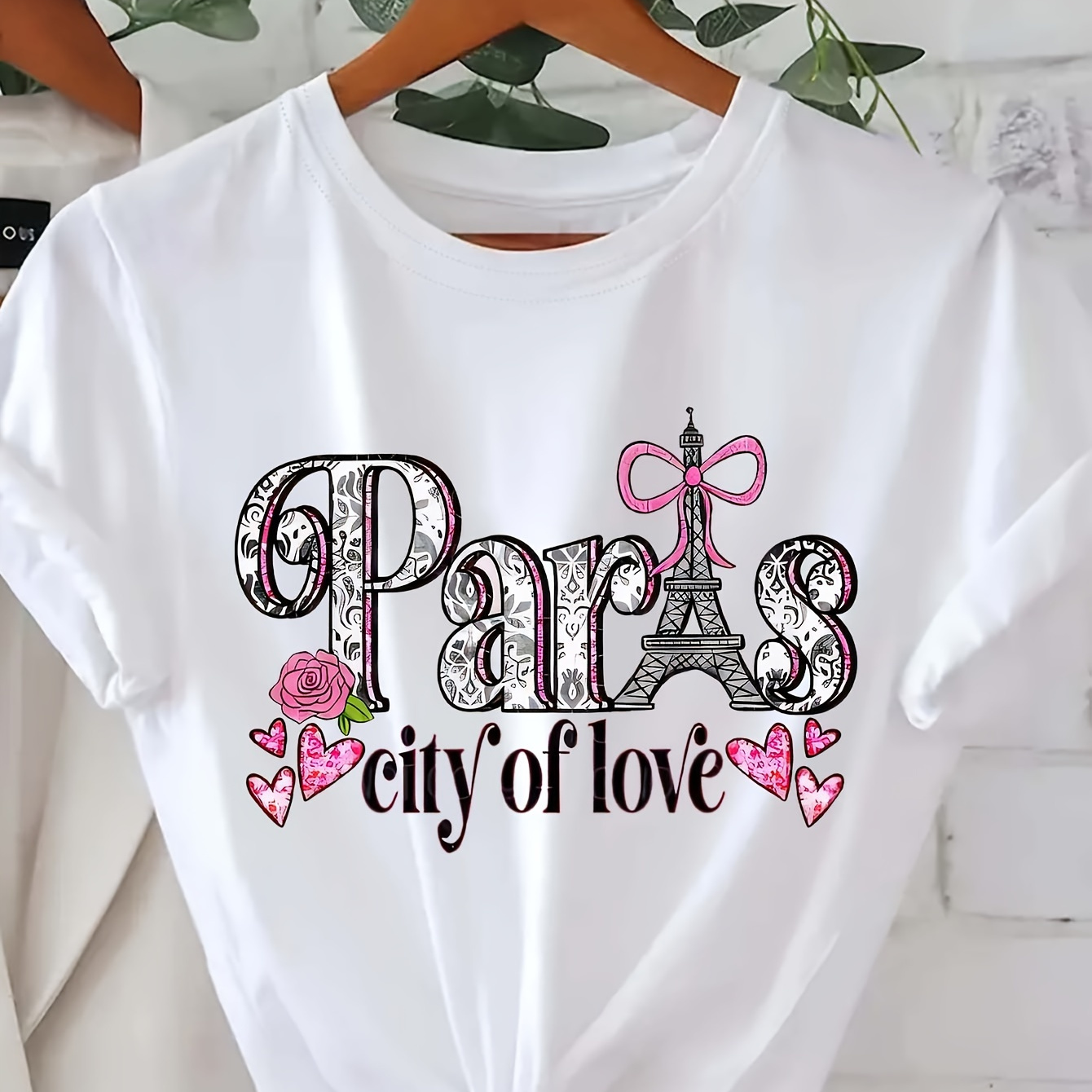 

Paris Letter Print T-shirt, Short Sleeve Crew Neck Casual Top For Summer & Spring, Women's Clothing