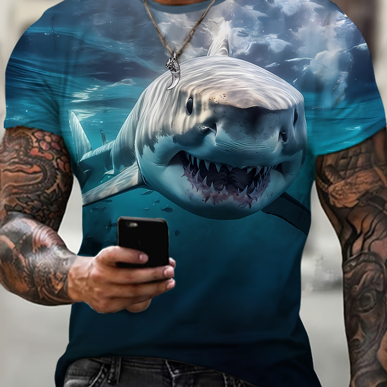 

Men's Shark Graphic Print T-shirt, Active Short Sleeve Crew Neck Tee, Men's Clothing For Summer Outdoor Fitness Workout