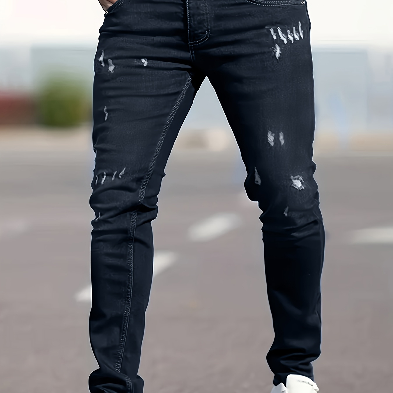 

Men's Stretch Slim Fit Denim Jeans, Fashion Ripped Detail, Wear