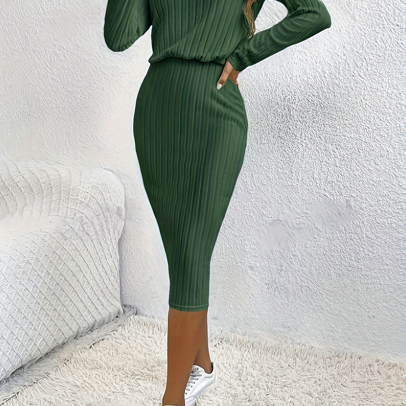 

Ribbed Cinched Waist Bodycon Dress, Elegant Crew Neck Long Sleeve Dress For Spring & Fall, Women's Clothing