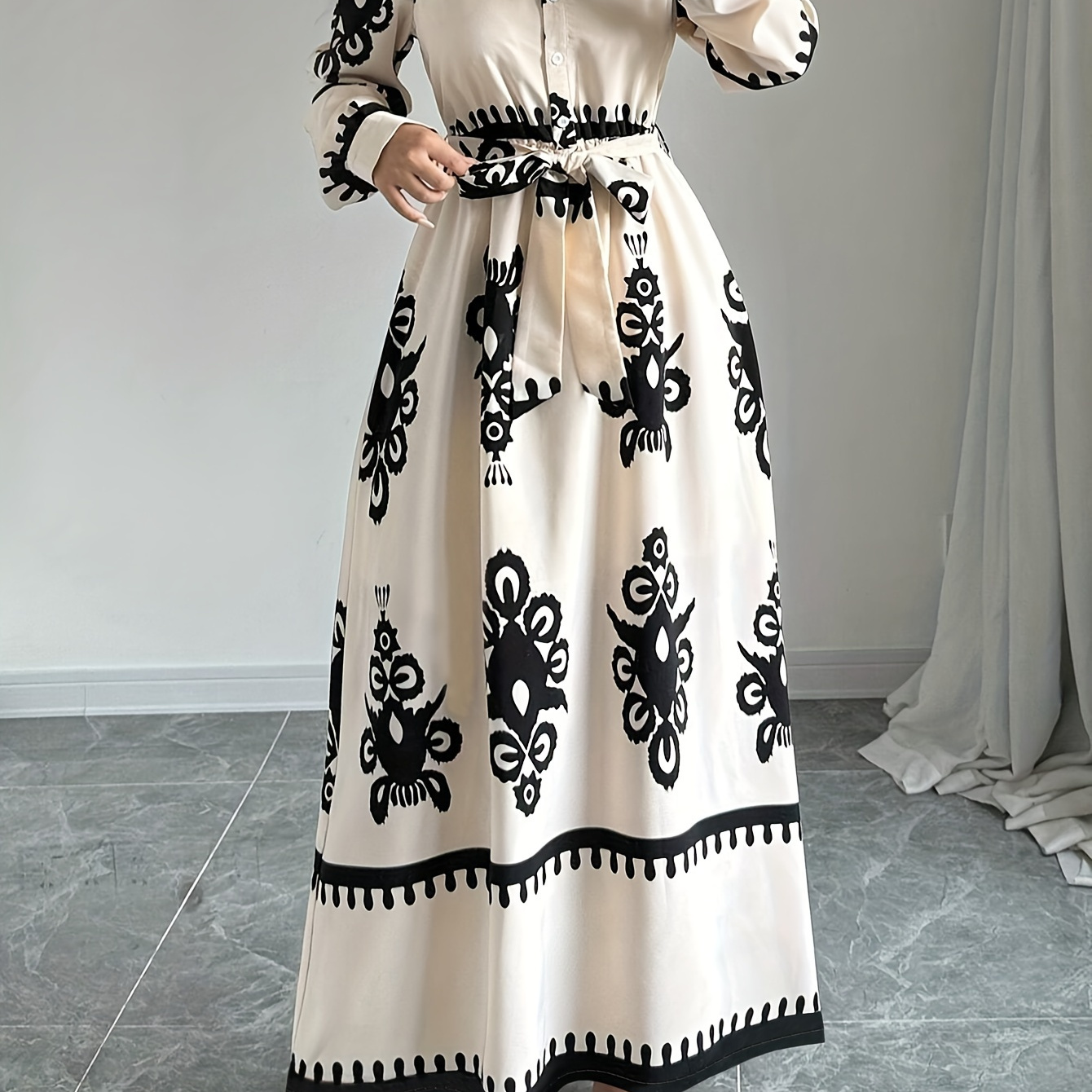 

Robe à imprimé floral avec ceinture à la taille, robe décontractée à manches longues et col pour et , vêtements pour femmes.