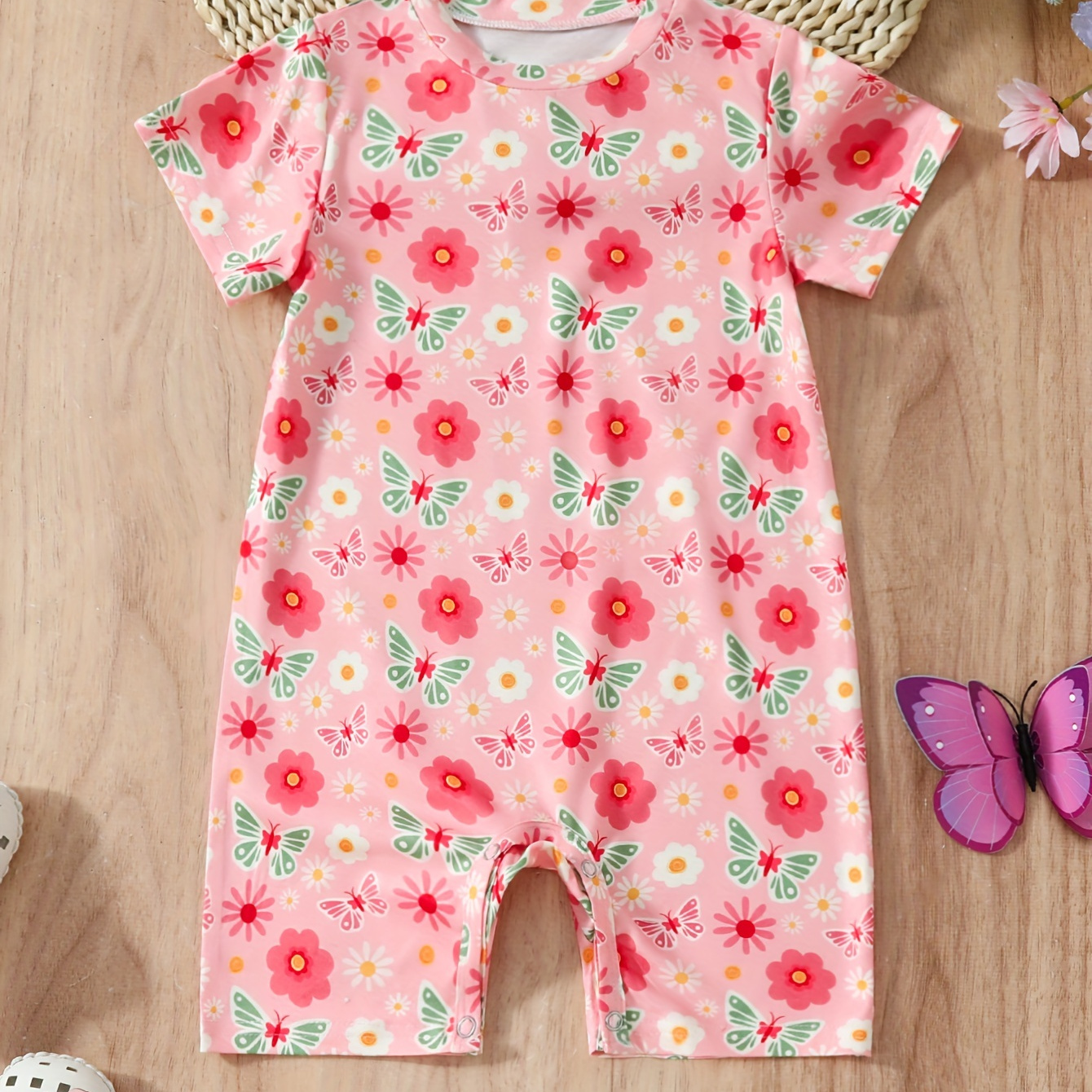 

Cartoon Flower & Butterfly All-over Print Infant's Bodysuit, Lovely Short Sleeve Onesie, Baby Girl's Clothing