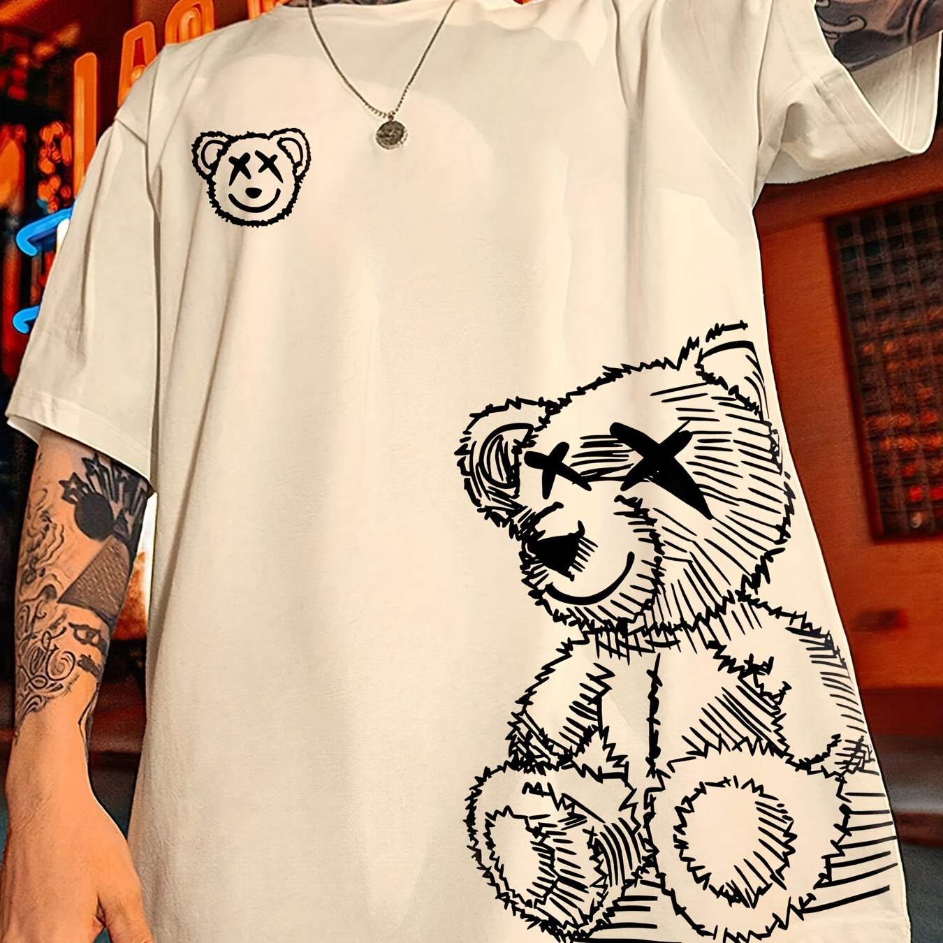 

T-shirt graphique imprimé ours en peluche pour homme 100 % polyester Décontracté Col rond Léger stretch T-shirt d'été Coupe classique Tissu en tricot Haut à manches courtes