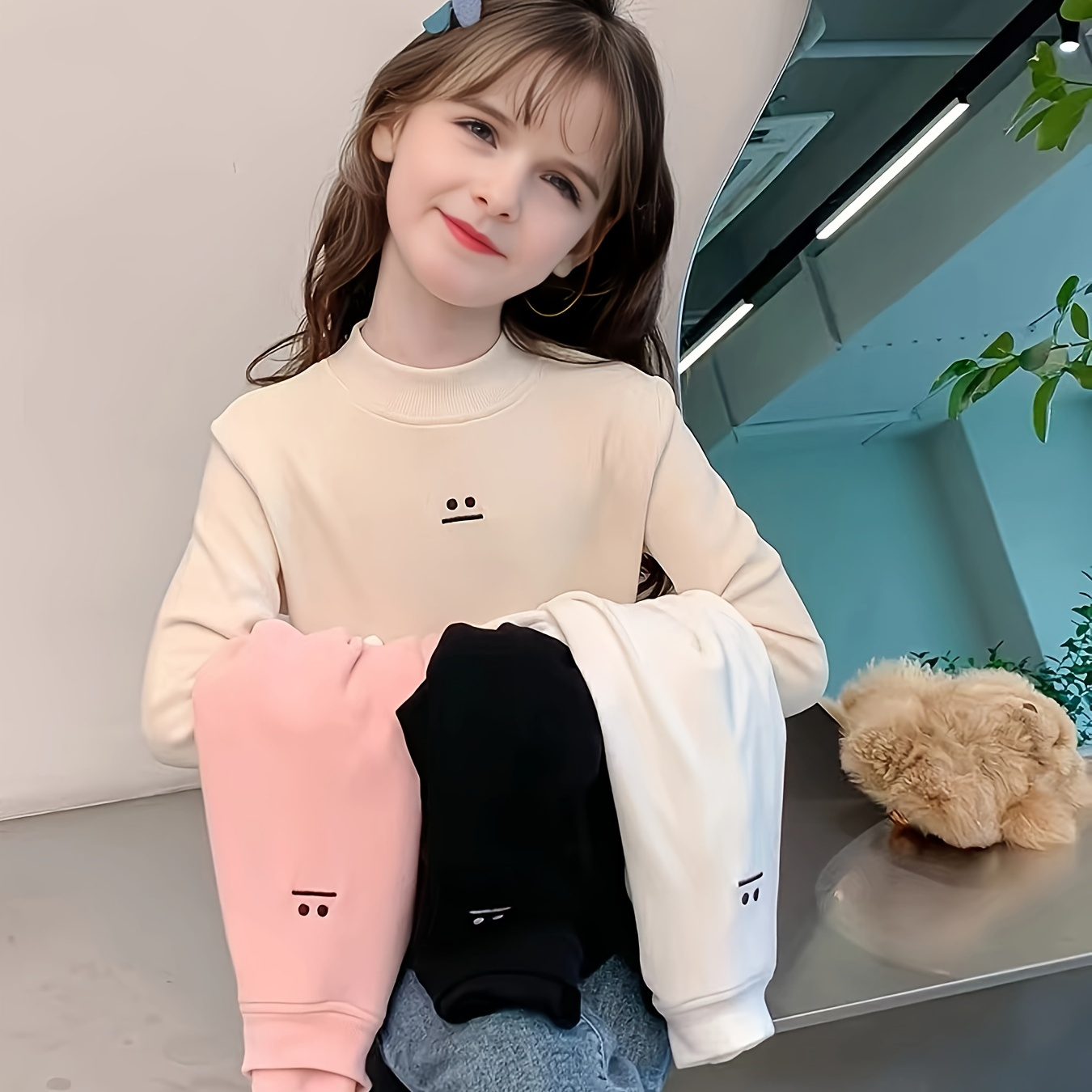 

Girls' Winter Long Sleeve T-shirt Set, 3-piece, Soft Polyester Blend, Elegant Design, Round Neck, Long Sleeves, Autumn And Winter Clothing