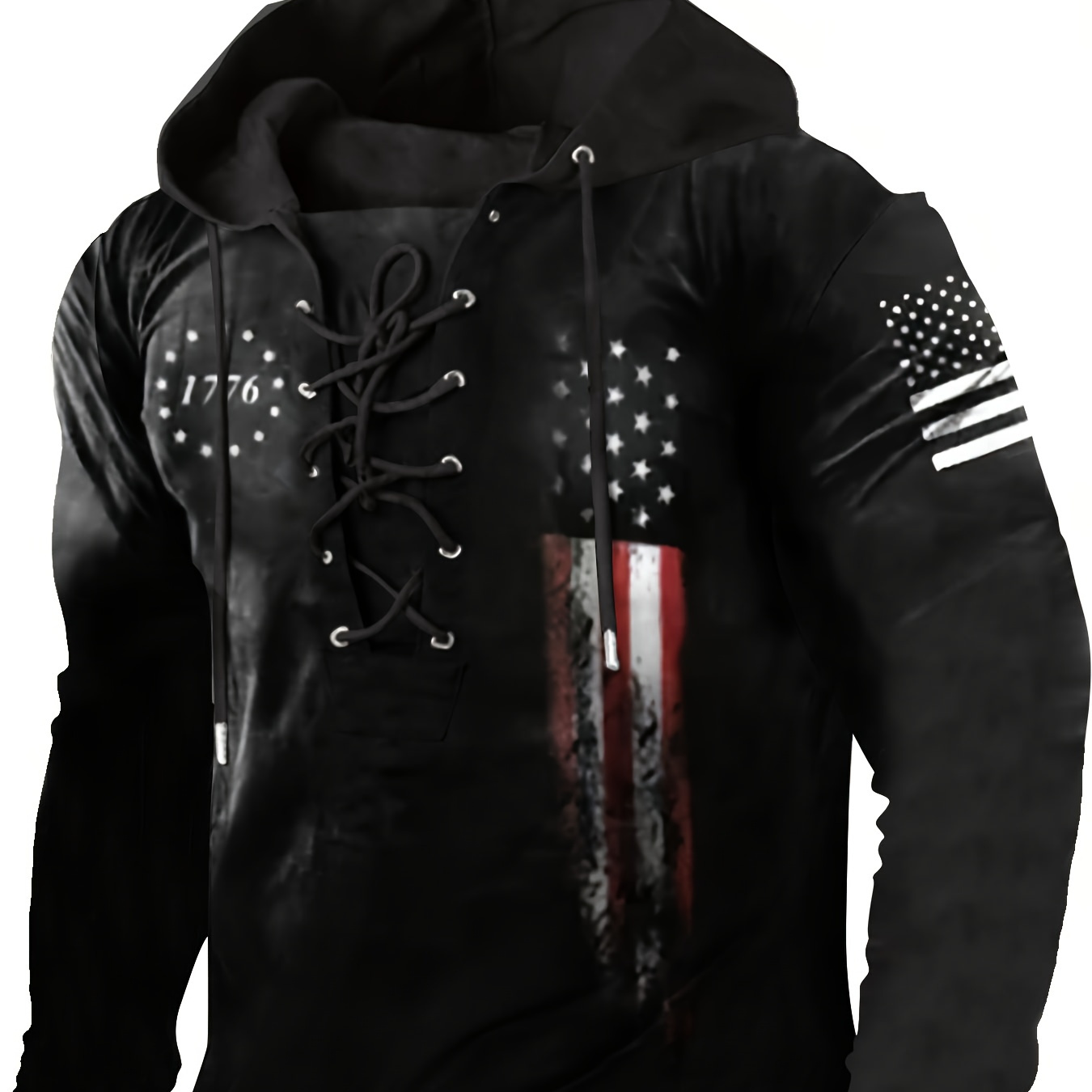 

Men's Casual Hoodie With 3d American Flag Print - Long Sleeve, Drawstring, Polyester , Machine Washable