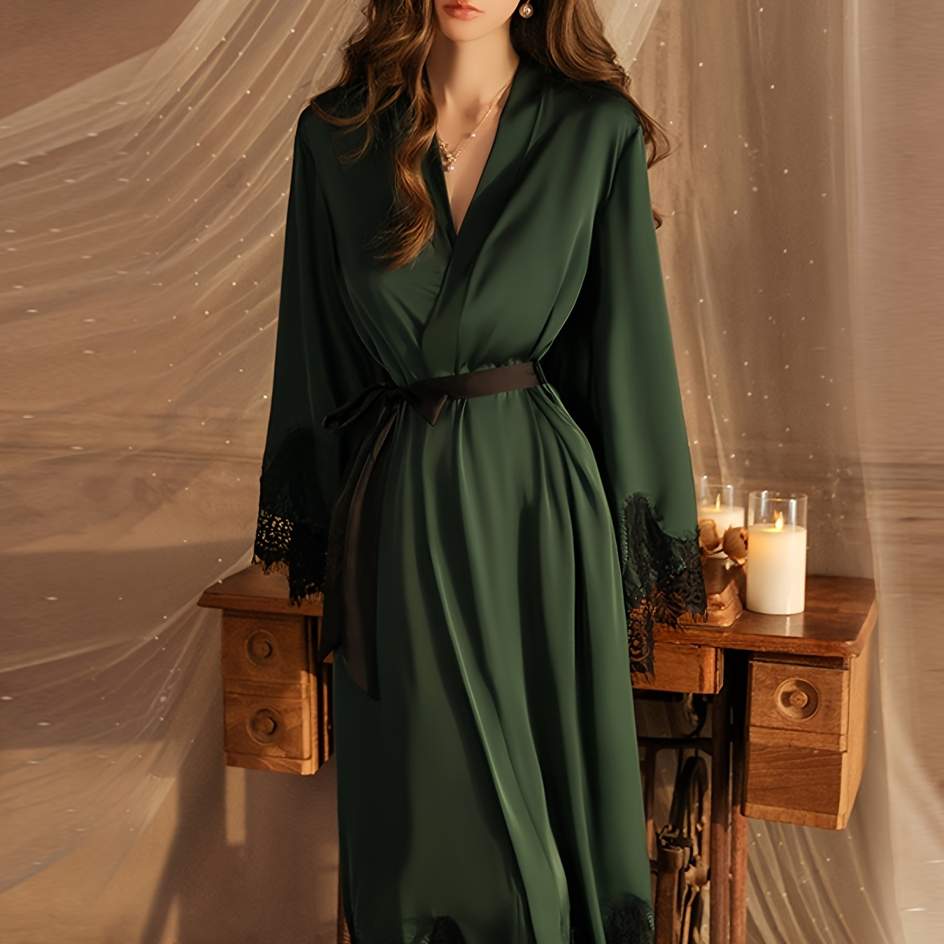 

Peignoir De Nuit En Satin Solide Et Mature, Robe À Manches Longues En Dentelle Avec Col En V Et Ceinture, Vêtements De Nuit Et Robes Pour Femmes