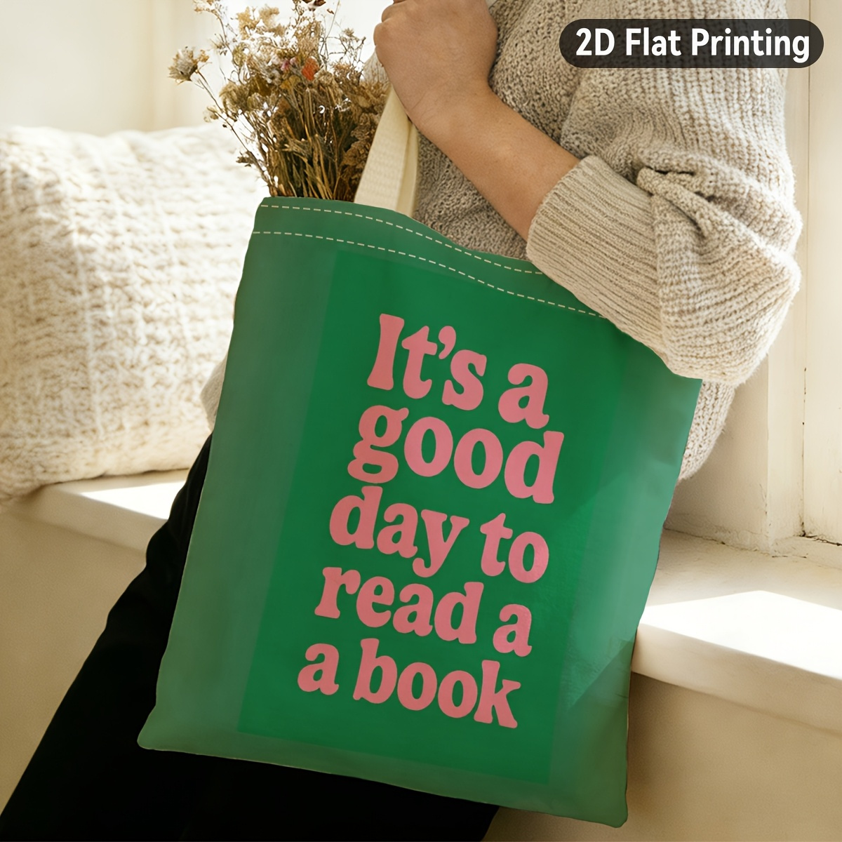 TEMU 2d Flat 1pc Minimalist, It, S To Read A Book, Text Durable Tote Bag, Duplex Prints Reading Themed , Ideal For Bookstore Runs, Library , Casual ,