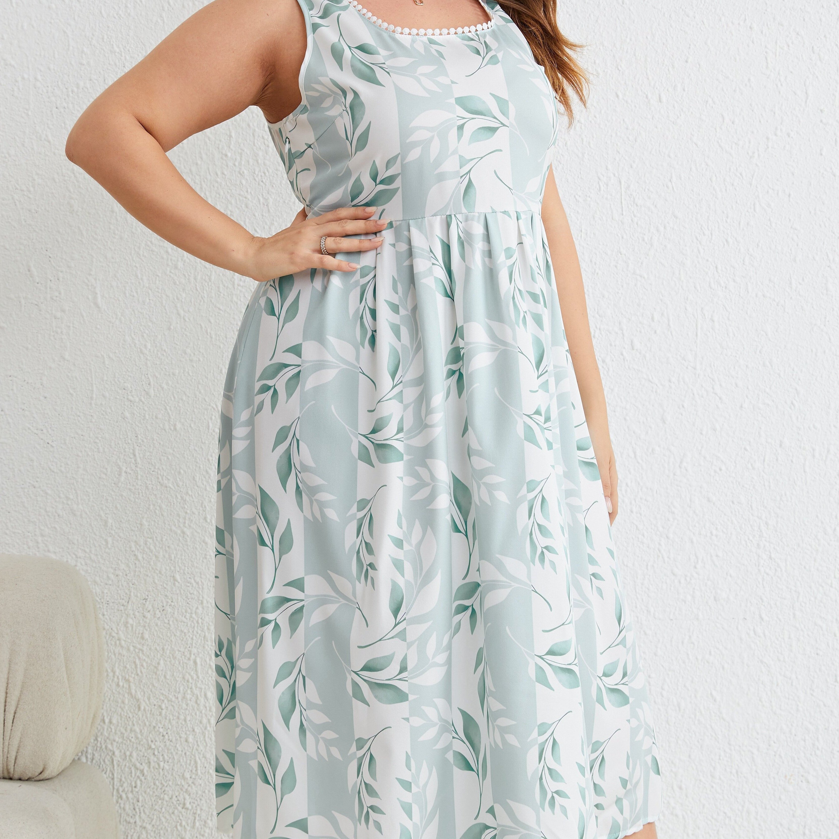 

Plus Size Casual Tank Dress, Women's Plus Leaf Print Square Neck Pleated Tank Dress With Pockets