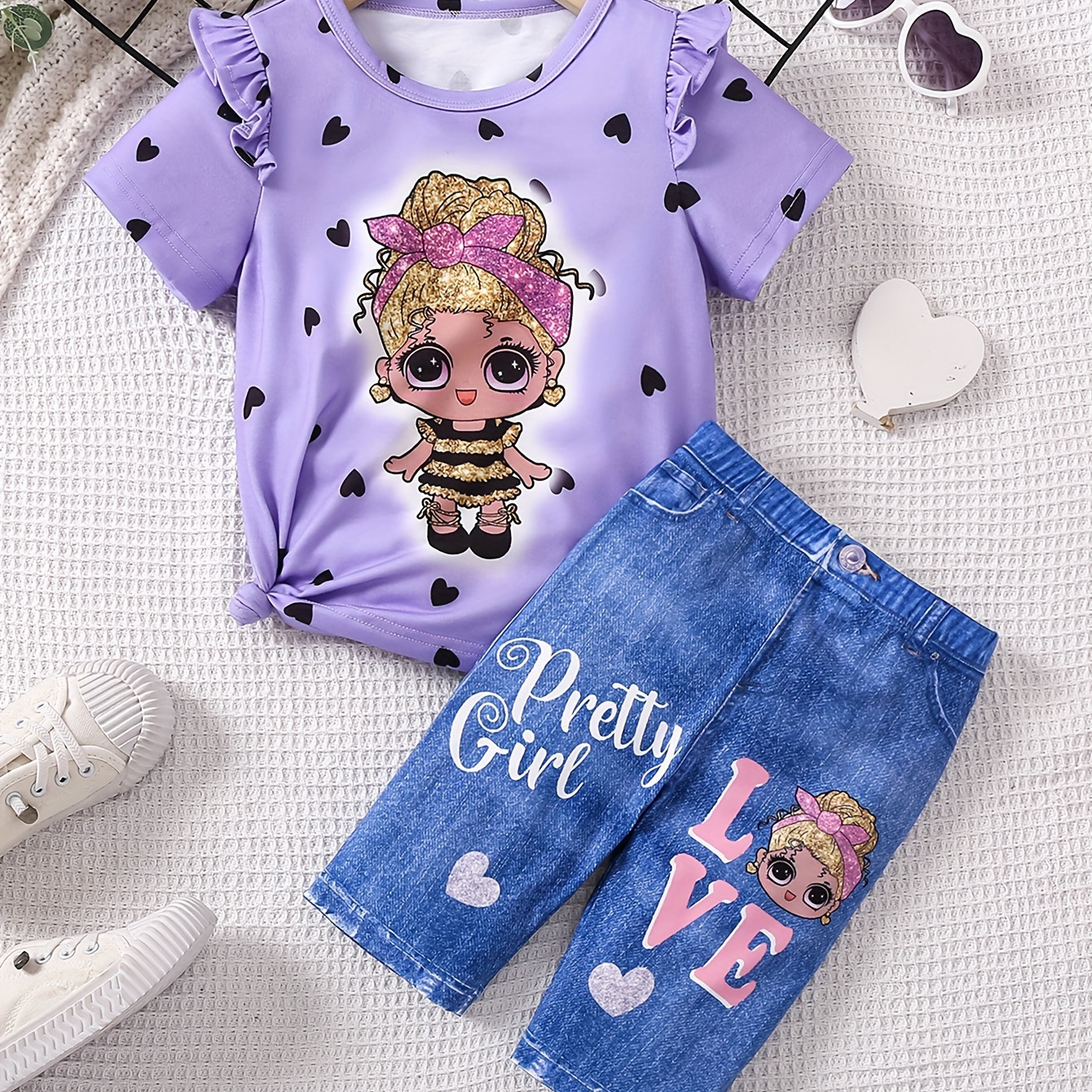 

Cute Doll Print 2pcs Girl's Short Sleeve T-shirt Top + Cropped Legging Shorts Casual Set, Summer Girls Outfit