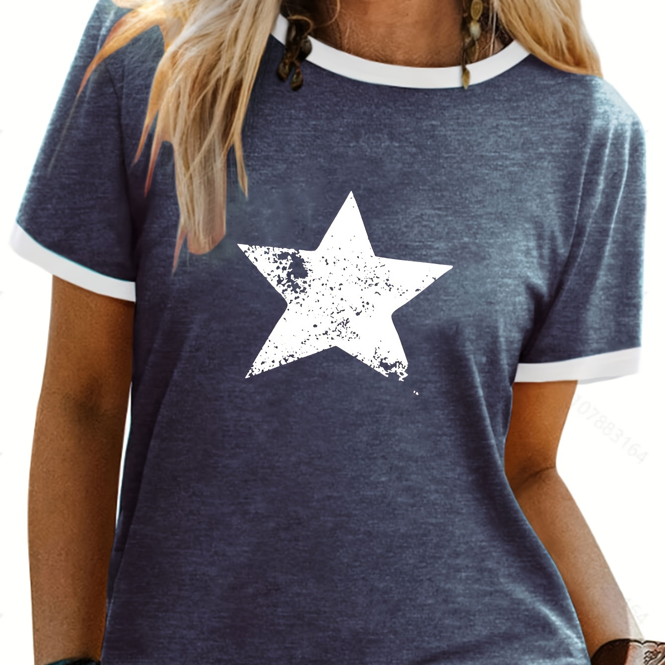 

Pentagram Print Contrast Color T-shirt, Short Sleeve Crew Neck Casual Top For Summer & Spring, Women's Clothing