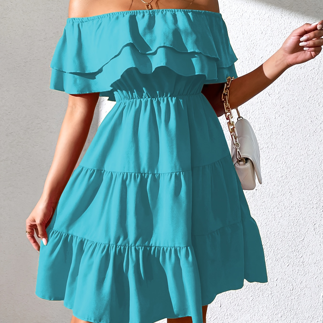 Ladies Dresses Teal Ruffle Dress Elegant Off-Shoulder Ruffle Dress